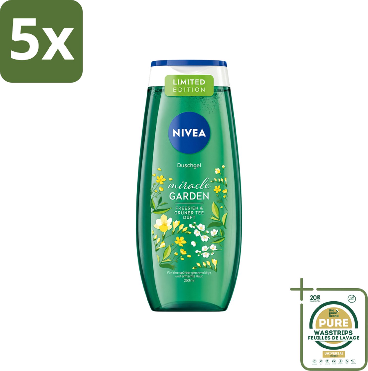 5 x Nivea - Douchegel - Freesia & Groene Thee - 250 ml - Wasstrips - Douchegel Freesia Groene Thee - Douchegel Voor Huidverzorging - Frisse Geur Douchegel - Hydraterende Douchegel - PH-huidneutraal