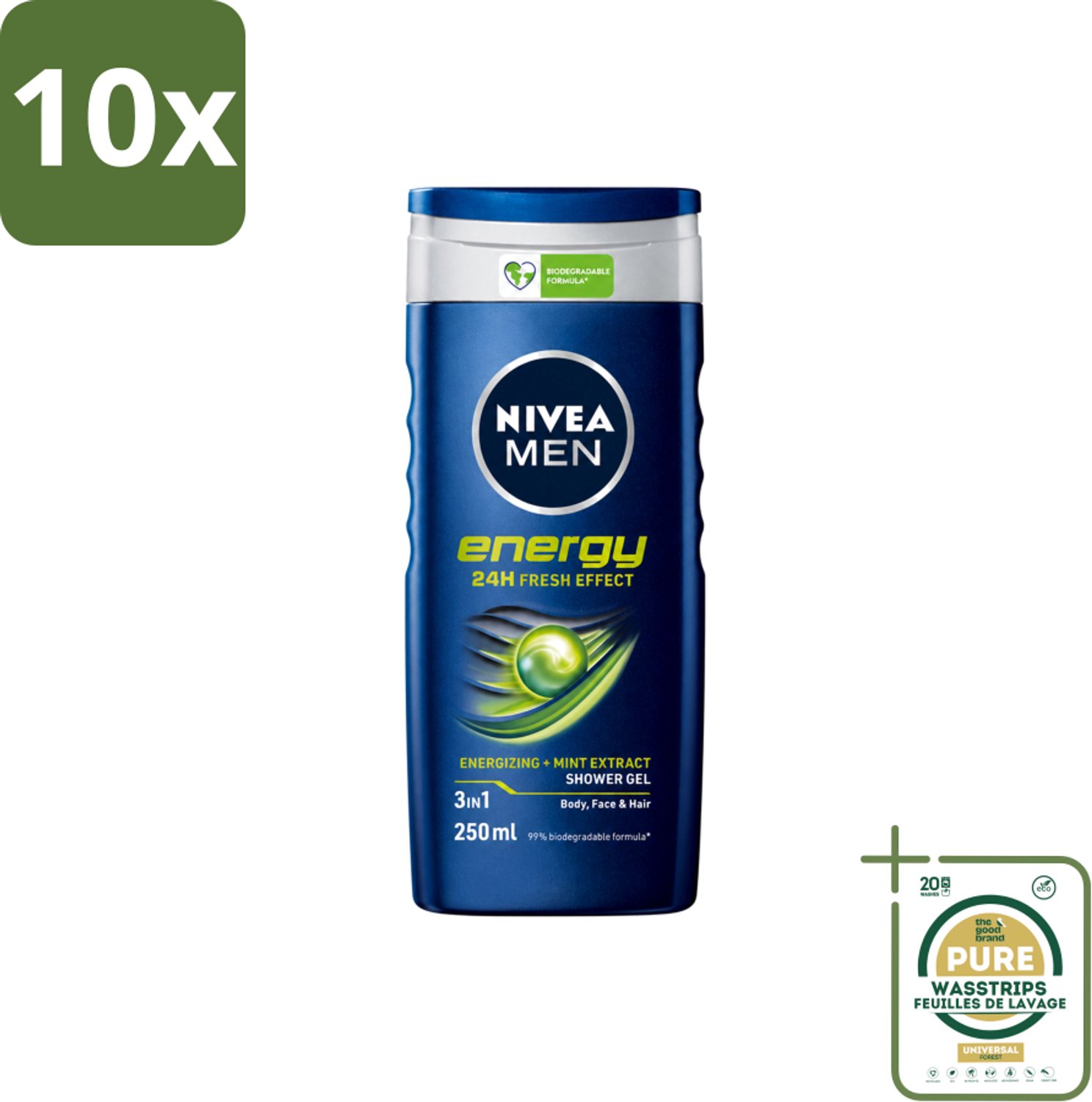 10 x Nivea - Men - Energy Douchegel - Langdurig Fris Gevoel - 250 ml - Wasstrips - Douchegel Voor Mannen - 2 In 1 Douchegel - Energieboost - Fris Gevoel - Mintextract