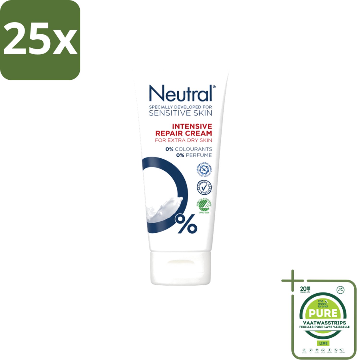 25 x Neutral – Bodycrème – 0% Intensive Repair – 100 ml - Grootverpakking - Vaatwasstrips - Gevoelige Huid - Droge Huid - Herstelcrème - Vochtigheid - Allergie