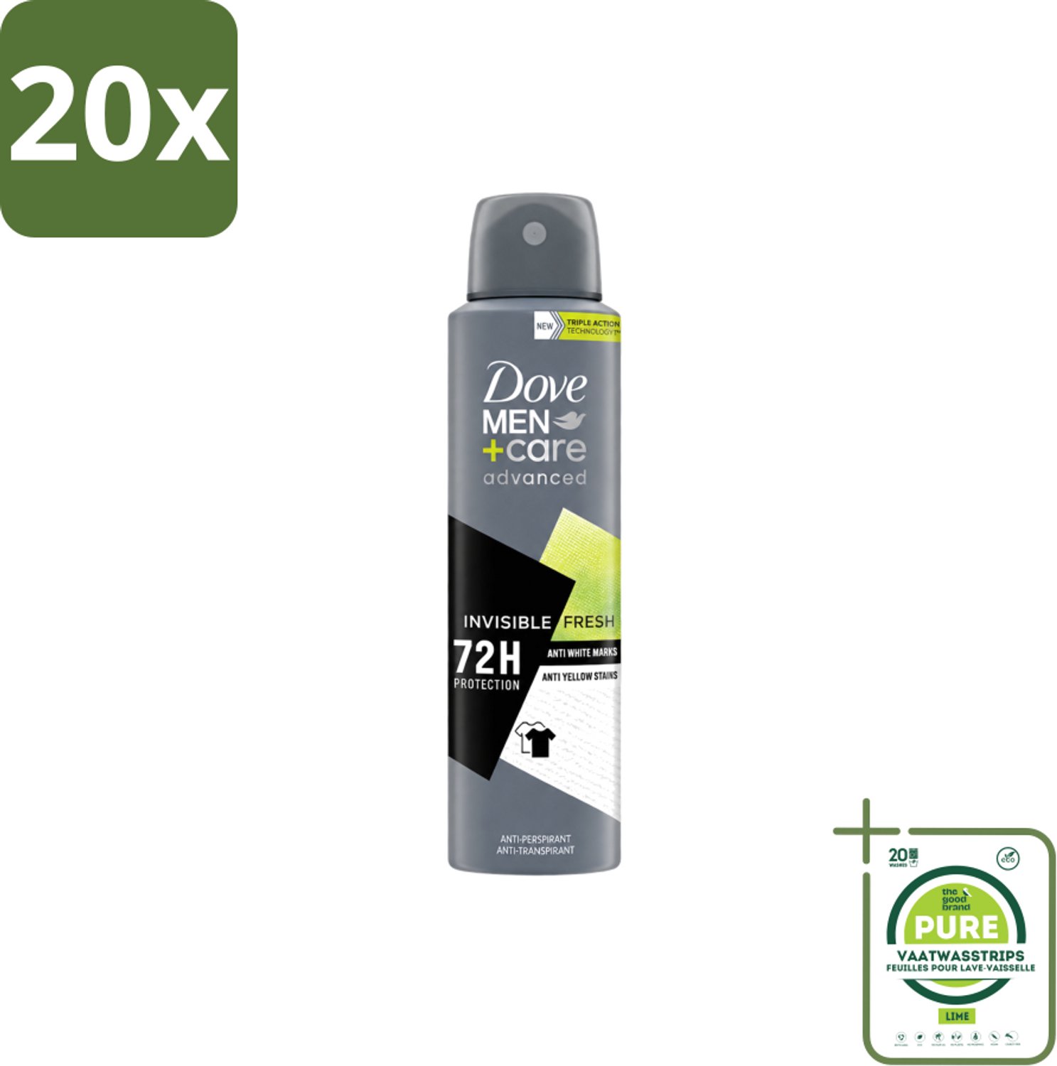 20 x Dove Men+Care – Deodorant Spray – Advanced Invisible Fresh – 150 ml - Grootverpakking - Vaatwasstrips - Deodorant Spray Voor Mannen - Frisheid Oksels - Geur Tegen Zweet - Zweetgeur Bestrijding - Verzorging Oksels