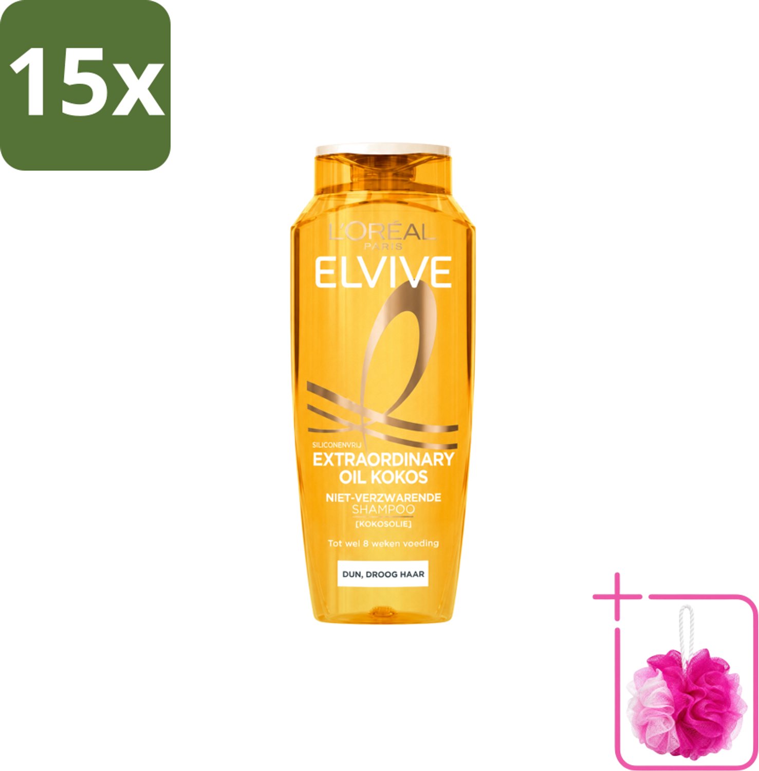 15 x L’Oréal Paris Elvive – Shampoo – Extraordinary Oil Kokos – Dun & Droog Haar – 250 ml - Bulkverpakking - Fijne kokosolie - Douchemop - Voeding zonder verzwaren