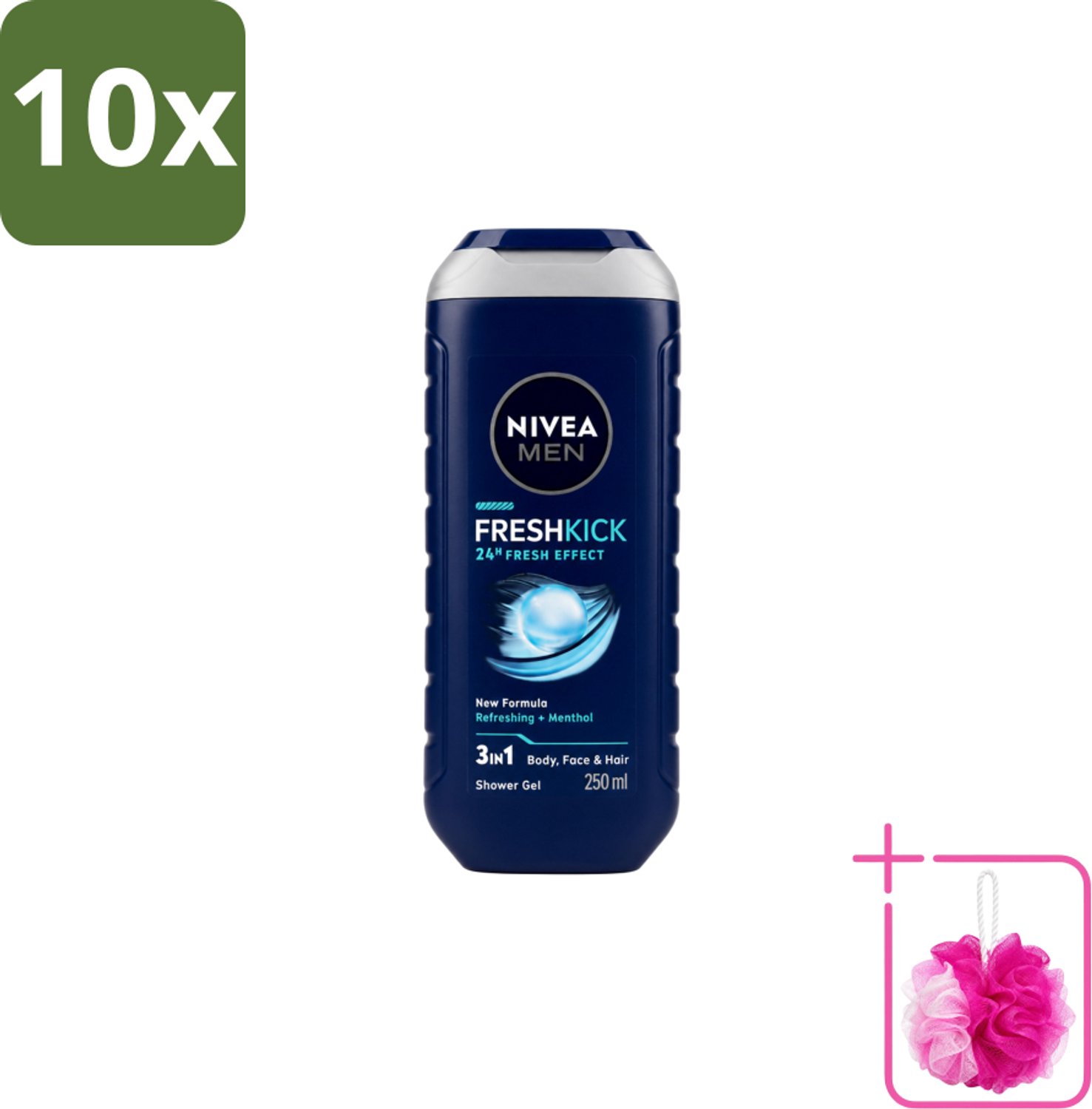 10 x Nivea Men – Douchegel – Fresh Kick – 250 ml - Bulkverpakking - Douchegel - Douchemop - Verfrissend