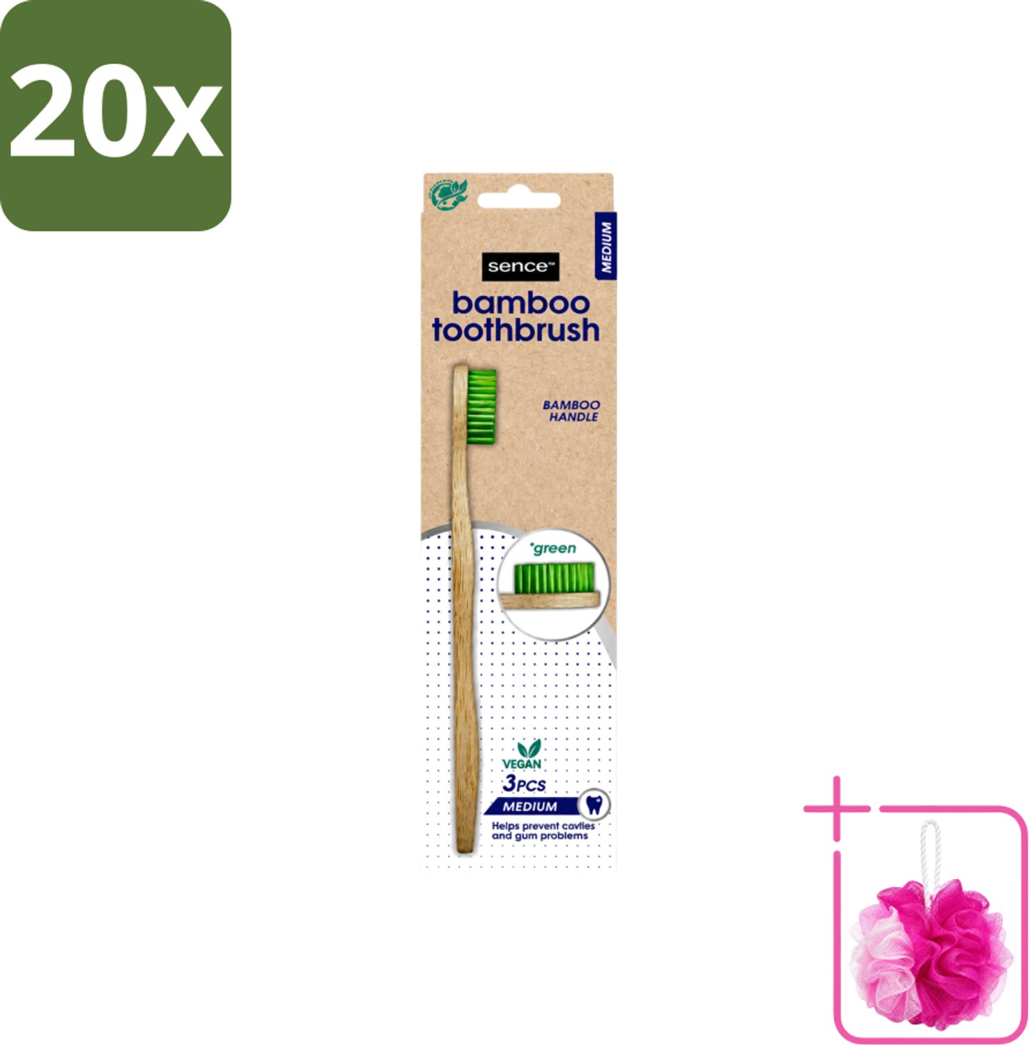 20 x Sence - Bamboo - Tandenborstels - Medium - Set van 3 - Groen - Bulkverpakking - Tandenborstel - Douchemop - Duurzaamheid