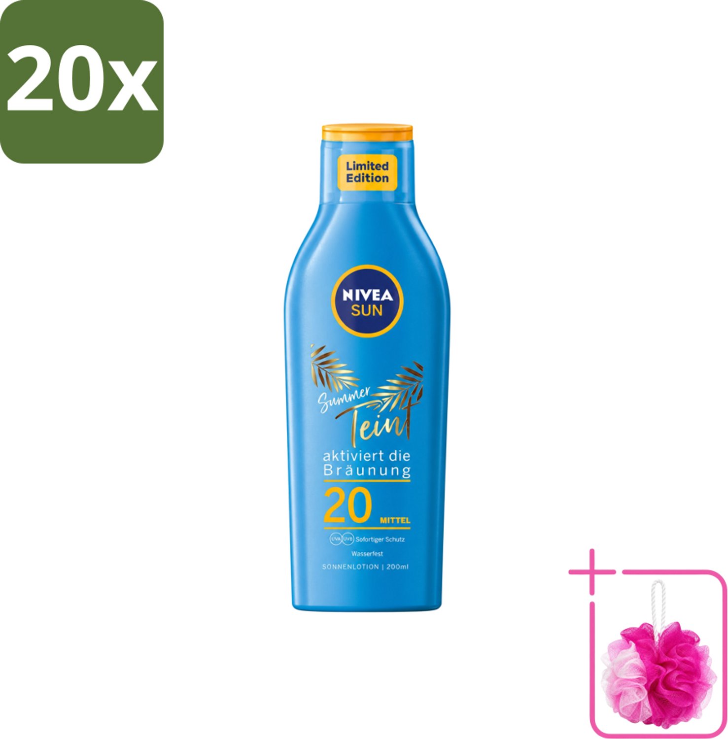 20 x Nivea Sun – Zonnemelk – Zomerteint SPF 20 – 200 ml - Bulkverpakking - Zonbescherming - Douchemop - Zomerteint