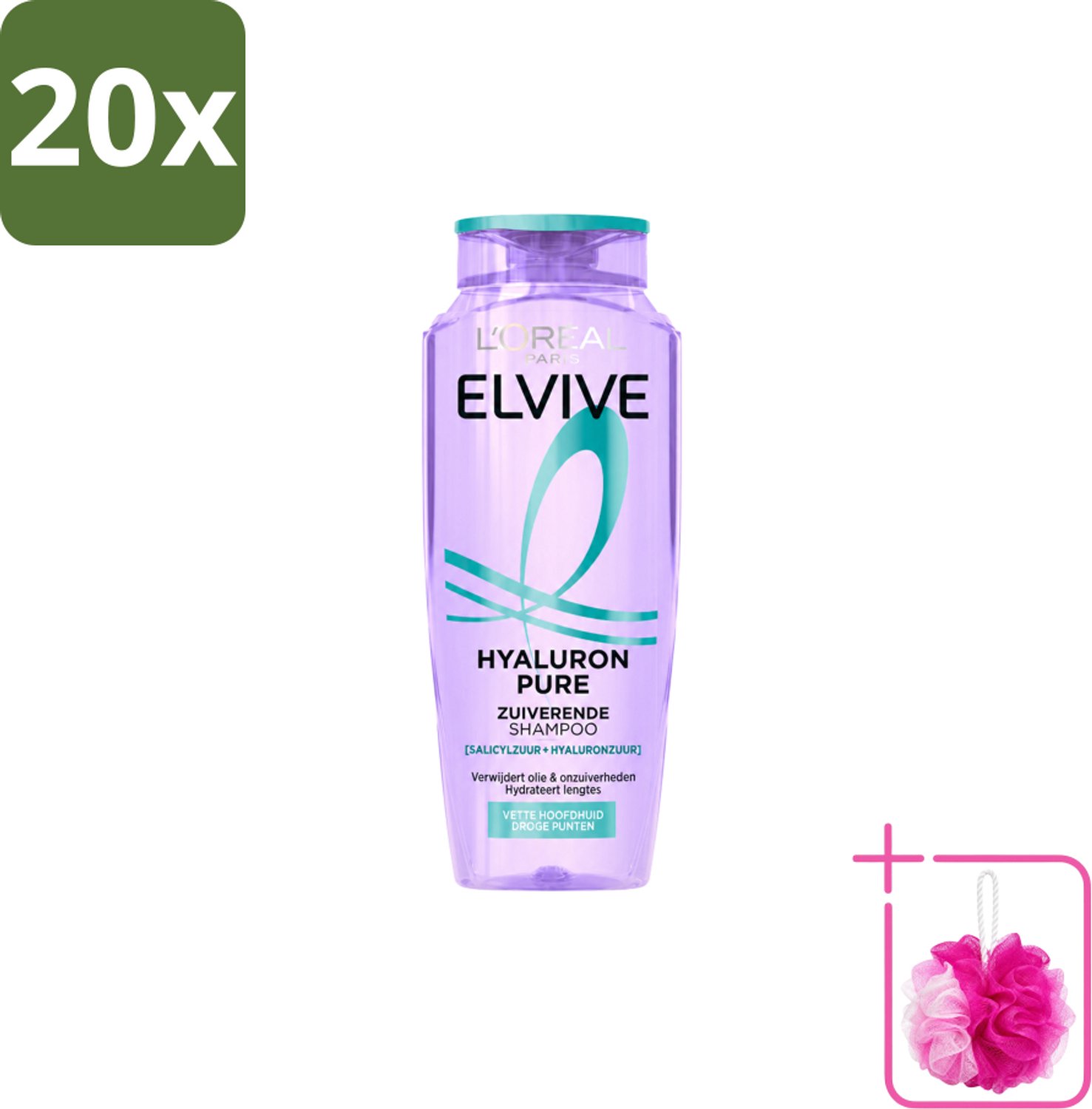 20 x L’Oréal Paris Elvive – Shampoo – Hyaluron Pure – Zuiverend – 250 ml - Bulkverpakking - Zuiverende shampoo - Douchemop - Hyaluronzuur shampoo