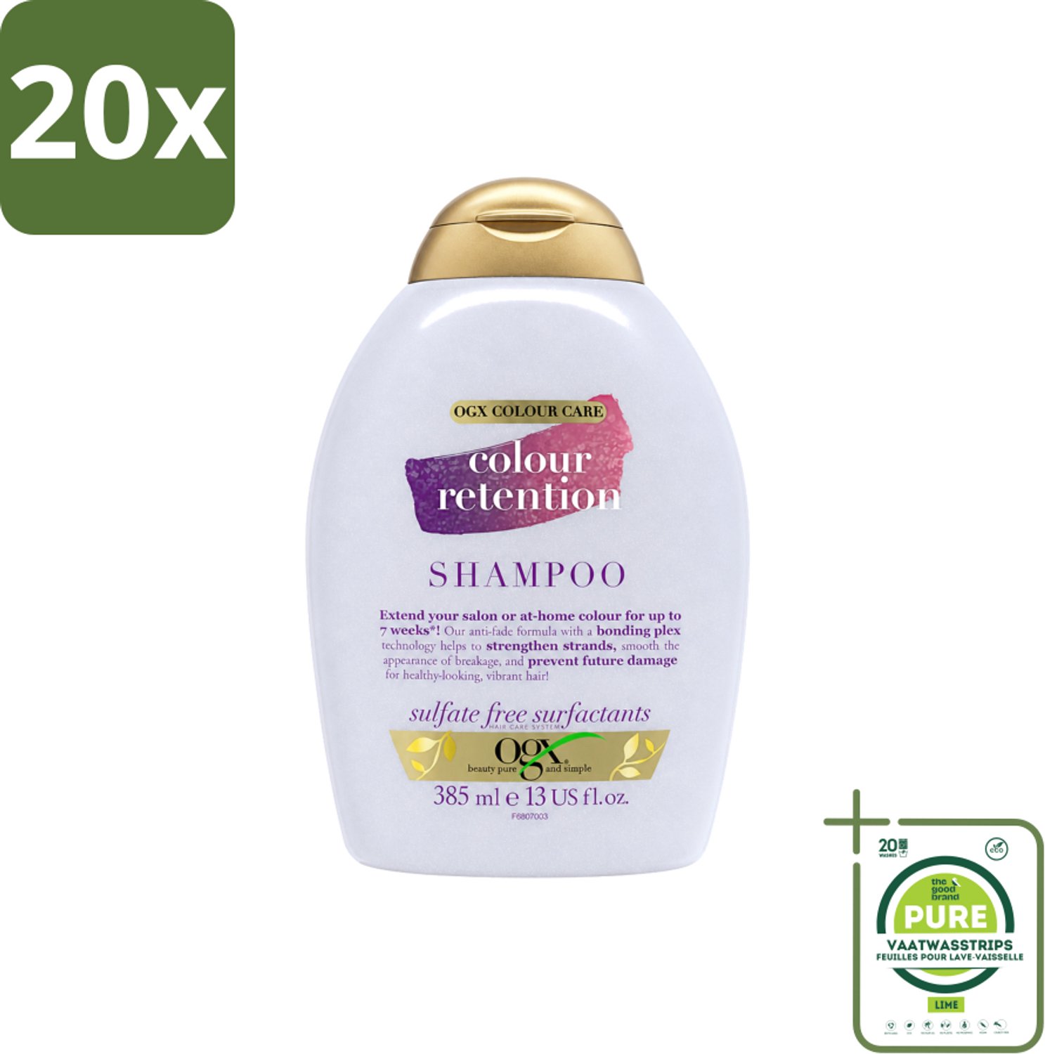 20 x OGX - Colour Retention - Shampoo - Voor Gekleurd Haar - 385 ml - Grootverpakking - Vaatwasstrips - Kleurbehoud Haar - Haarkleur Behouden - Haarkleur Stralen - Haarkleur Beschermen - Haarkleur Verliezen