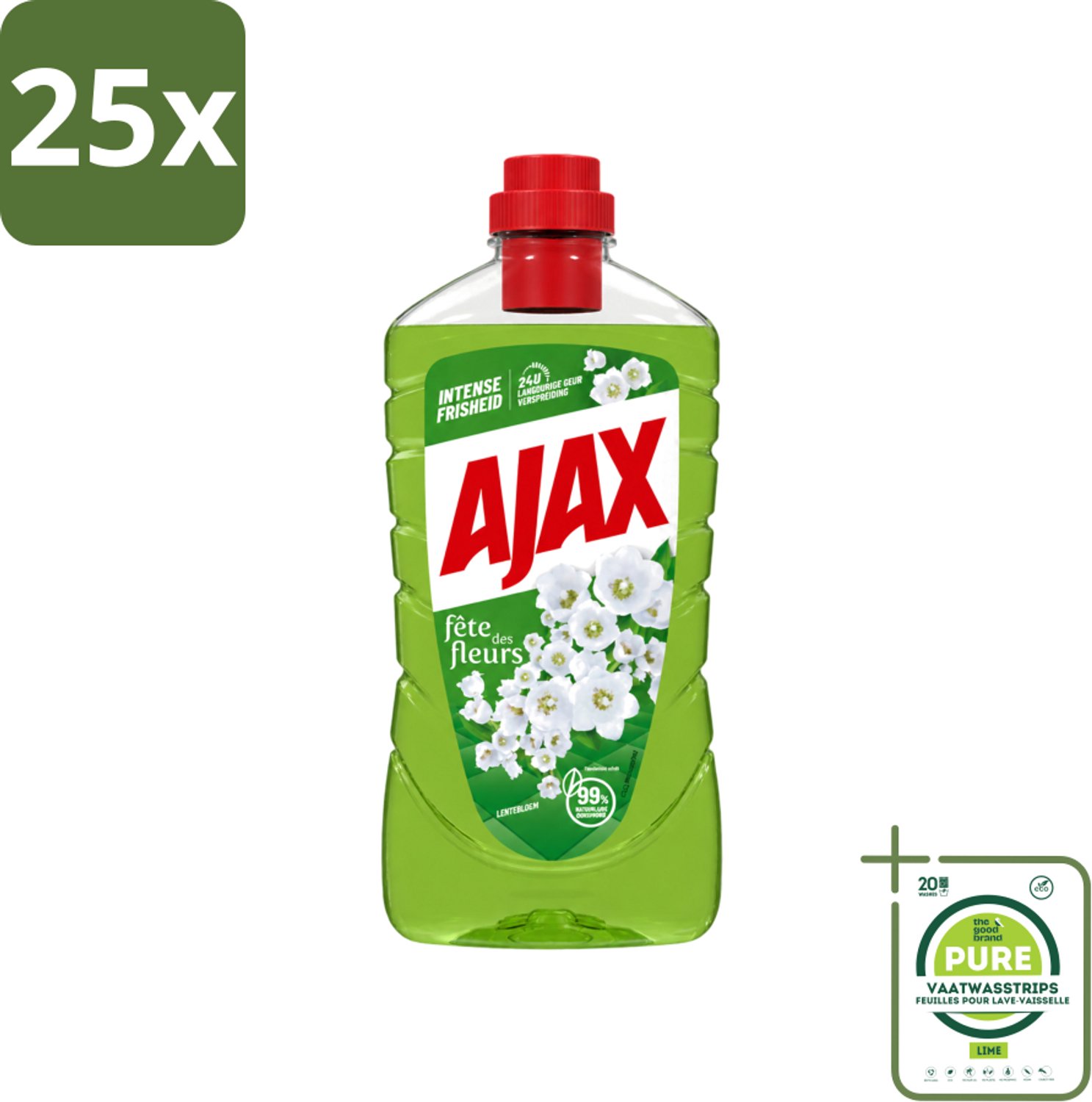 25 x Ajax - Allesreiniger - Fête des Fleurs - Lentebloem - Met Essentiële Oliën - 1 L - Grootverpakking - Vaatwasstrips - Allesreiniger - Natuurlijke Reiniger - Frisse Geur - Reinigingskracht - Lentebloem