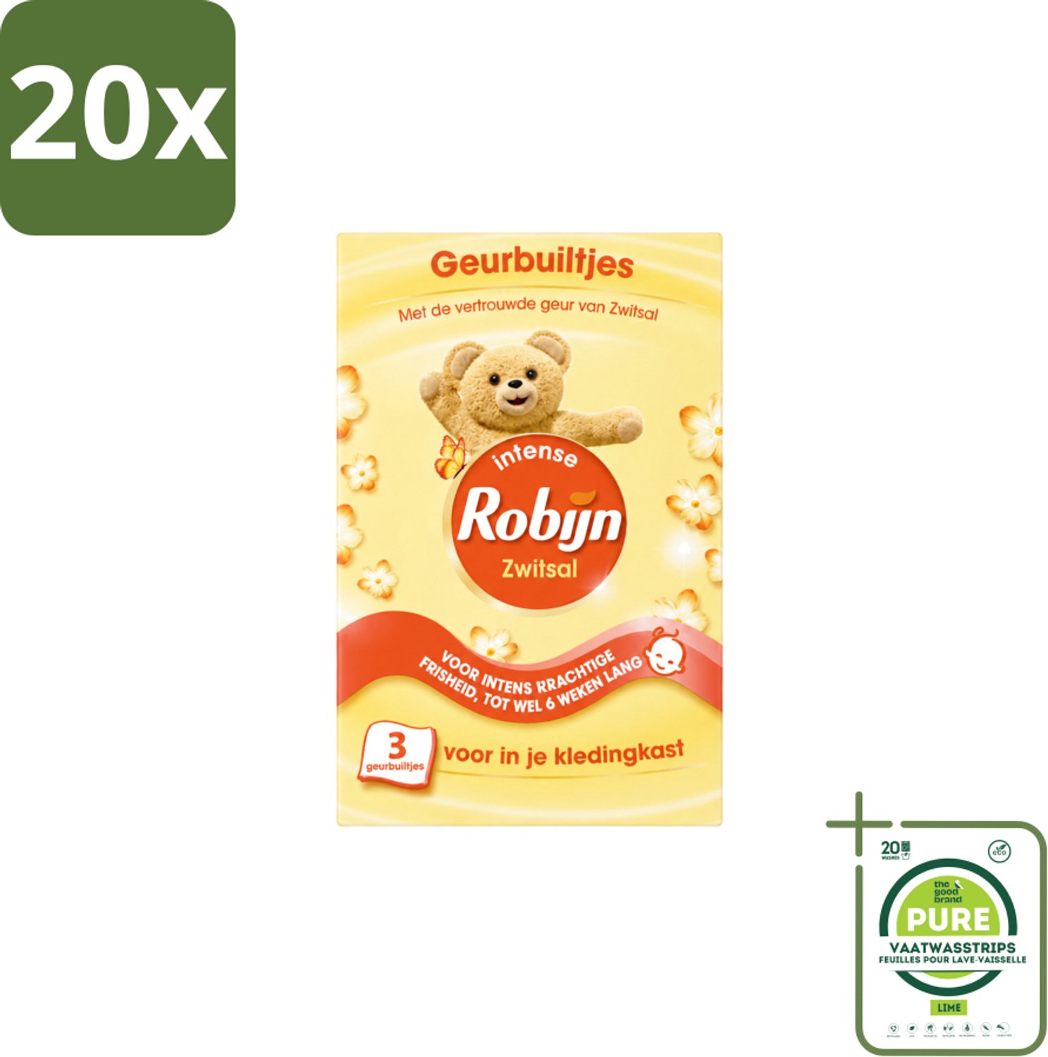 20 x Robijn - Zwitsal - Geurbuiltjes - Zachte Babygeur - Hypoallergeen - 3 Geurbuiltjes - Grootverpakking - Vaatwasstrips - Zwitsal Geur - Geurbuiltjes - Babygeur - Kledingkast - Lade