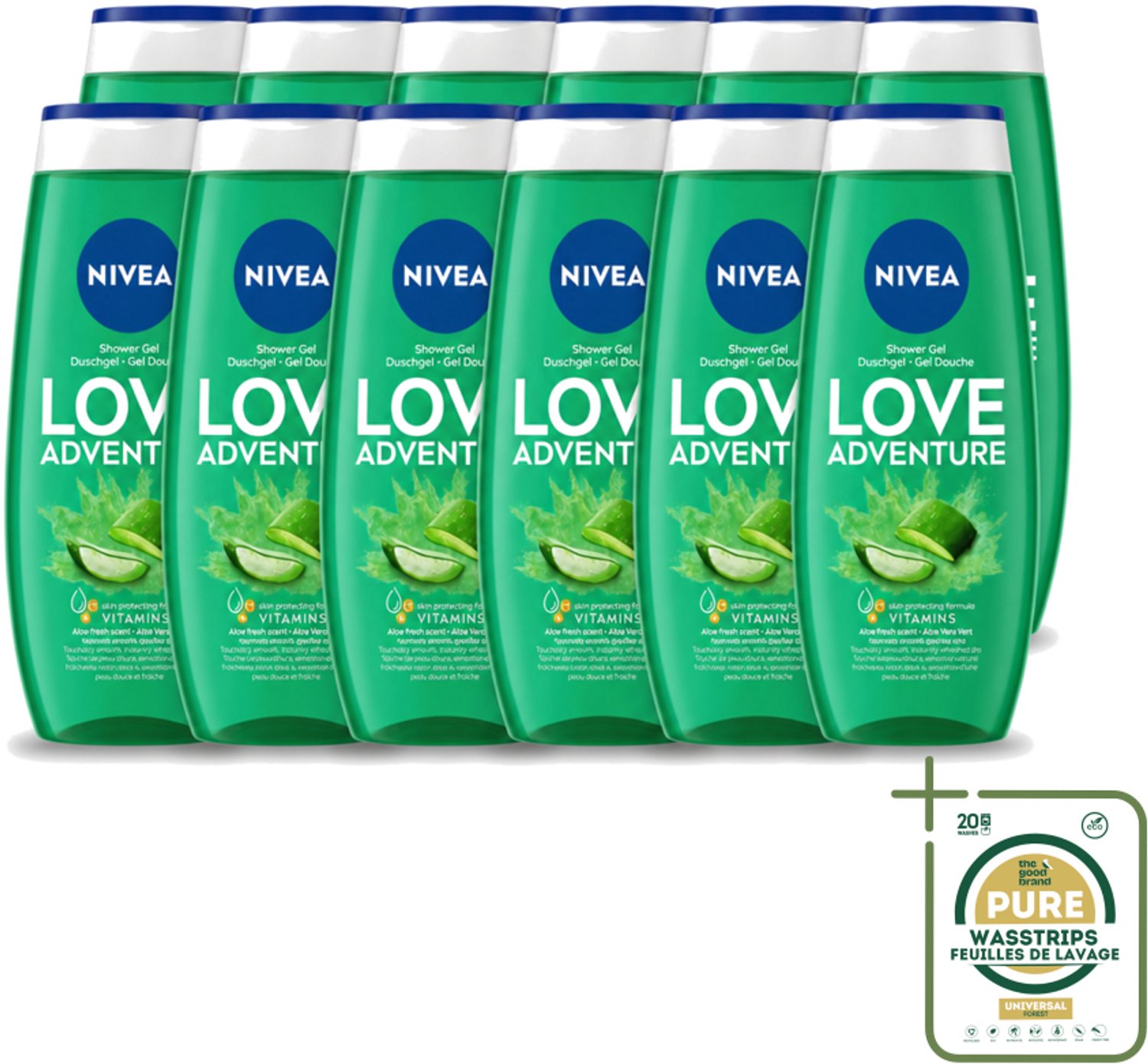 12 x Nivea - Love Adventure Douchegel - Huidbeschermend - 250 ml - Wasstrips - Douchegel - Huidbeschermend - Verfrissend - Vitamine C - Vitamine E