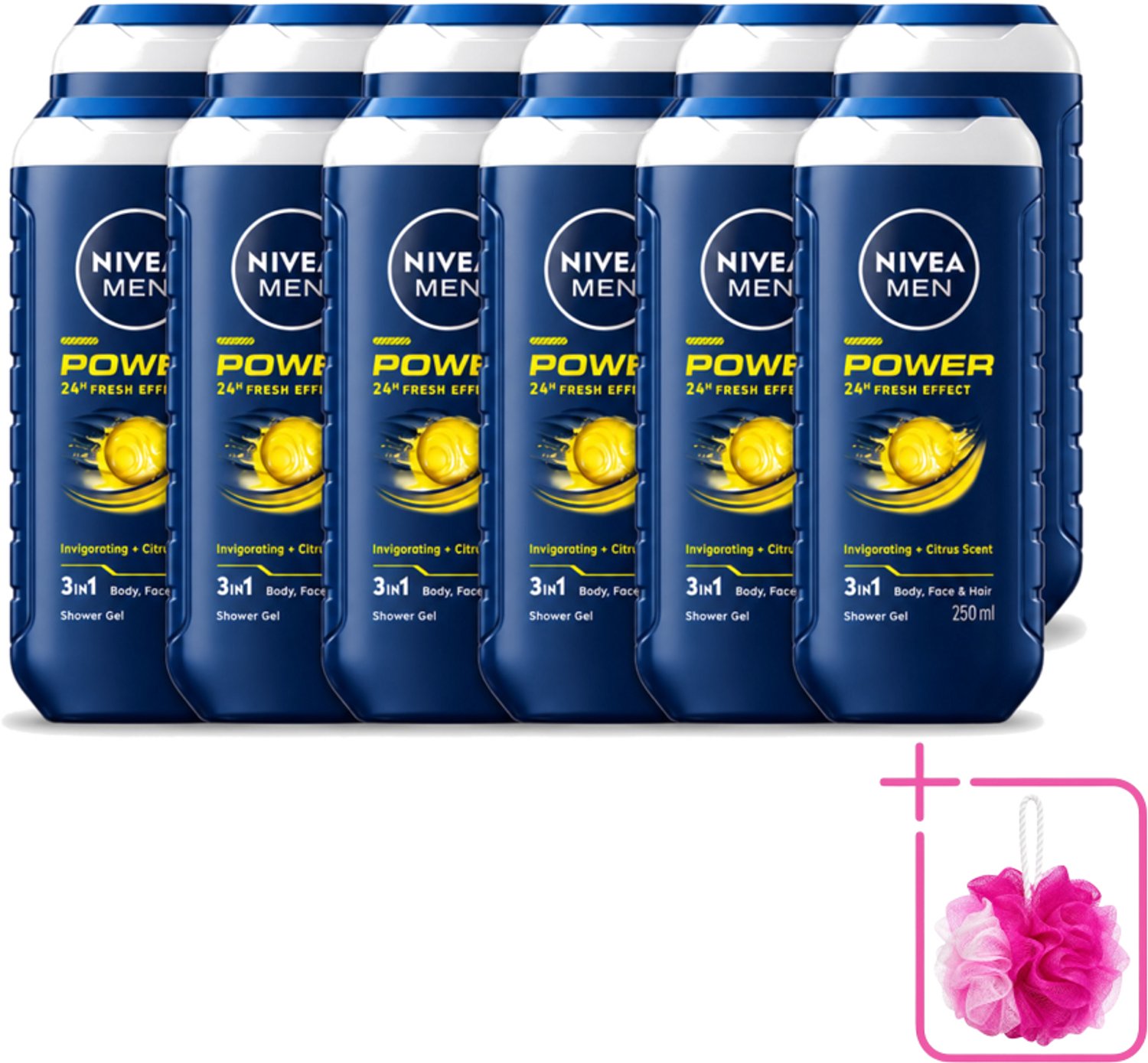12 x Nivea - Men - Douchegel - Power Refresh - 250 ml - Bulkverpakking - Douchegel voor mannen - Douchemop - 3-in-1 douchegel