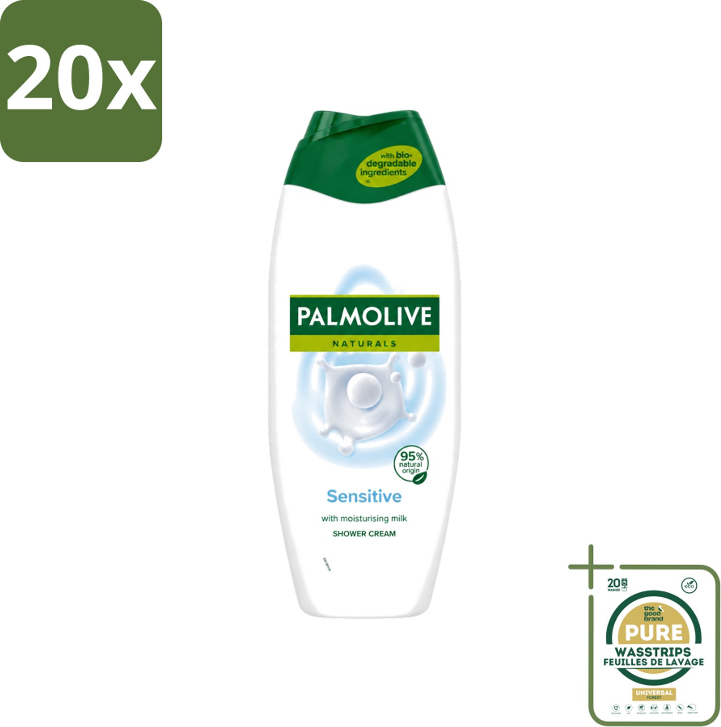 20 x Palmolive Naturals - Douchegel - Sensitive - Voor Gevoelige Huid - 500 ml - Wasstrips - Douchegel - Gevoelige Huid - Melkproteïnen - Zachte Reiniging - Dermatologisch Getest