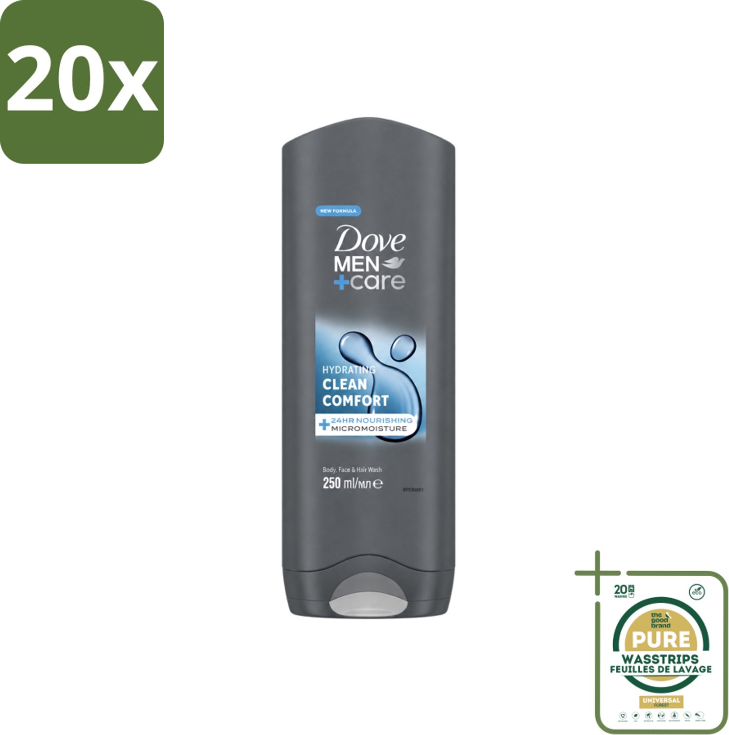 20 x Dove - Douchegel - Men+ Care Clean Comfort - Comfort en verzorging - 250 ml - Wasstrips - Douchegel - Fris - Energie - Reiniging - Hydraterend