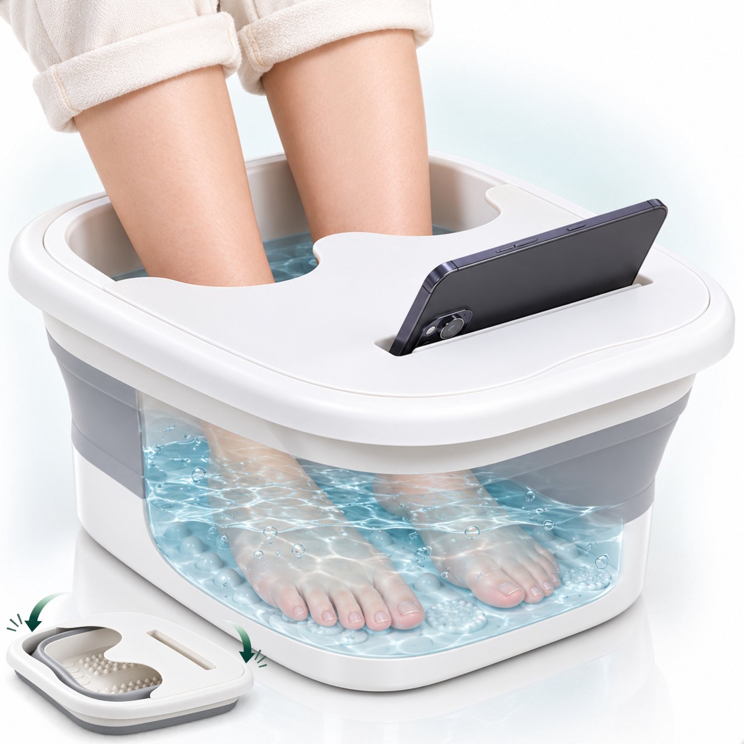 Boncy® Luxe Voetenbad - Opvouwbare Voetbad 15L - Voetenbaden - Inklapbaar Voetmassage Bad met Telefoonhouder - Voeten Badje met Massage Punten - Voetenbadje Opvouwbaar - Wit