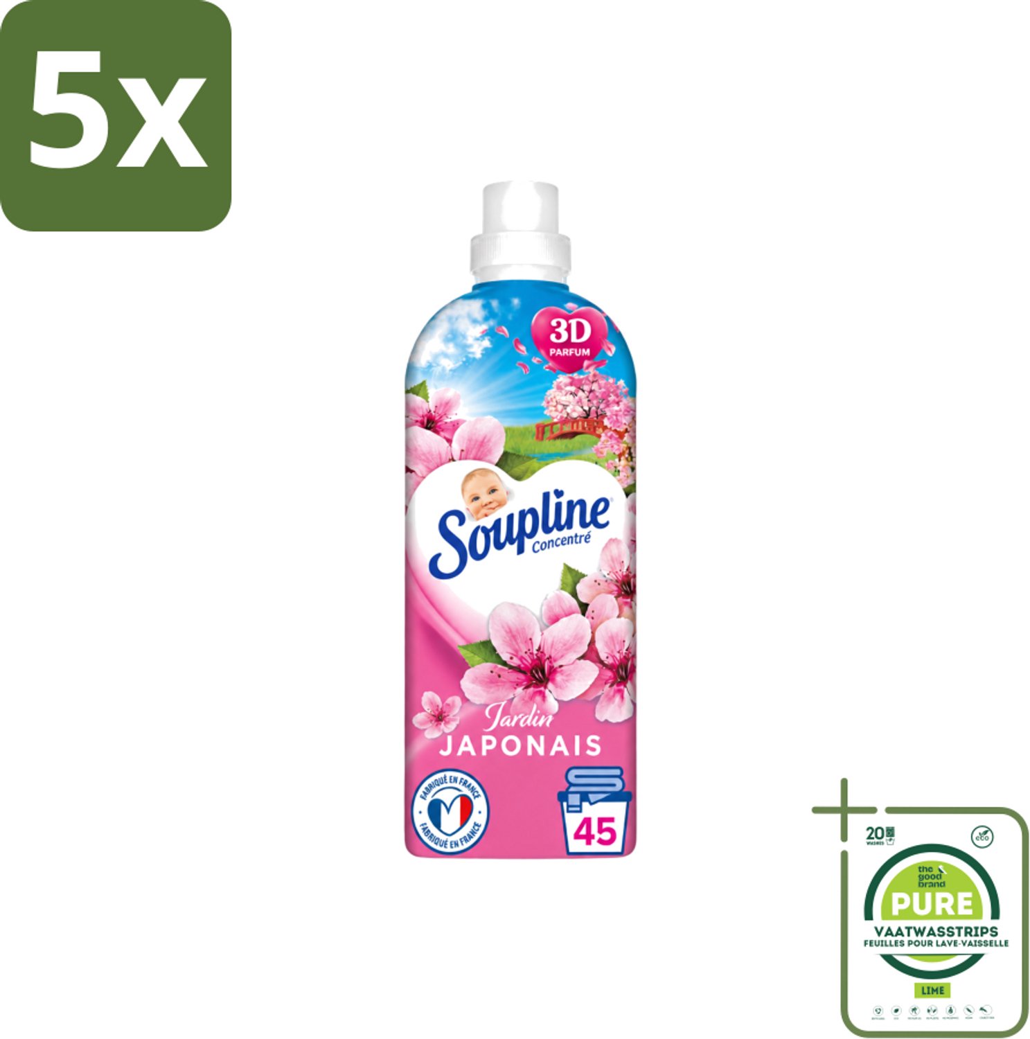 5 x Soupline – Wasverzachter – Japanse Tuin – 950 ml - Grootverpakking - Vaatwasstrips - Wasverzachter - Zachte Wasgoed - Geur - Japanse Tuin - Rustgevende Geur