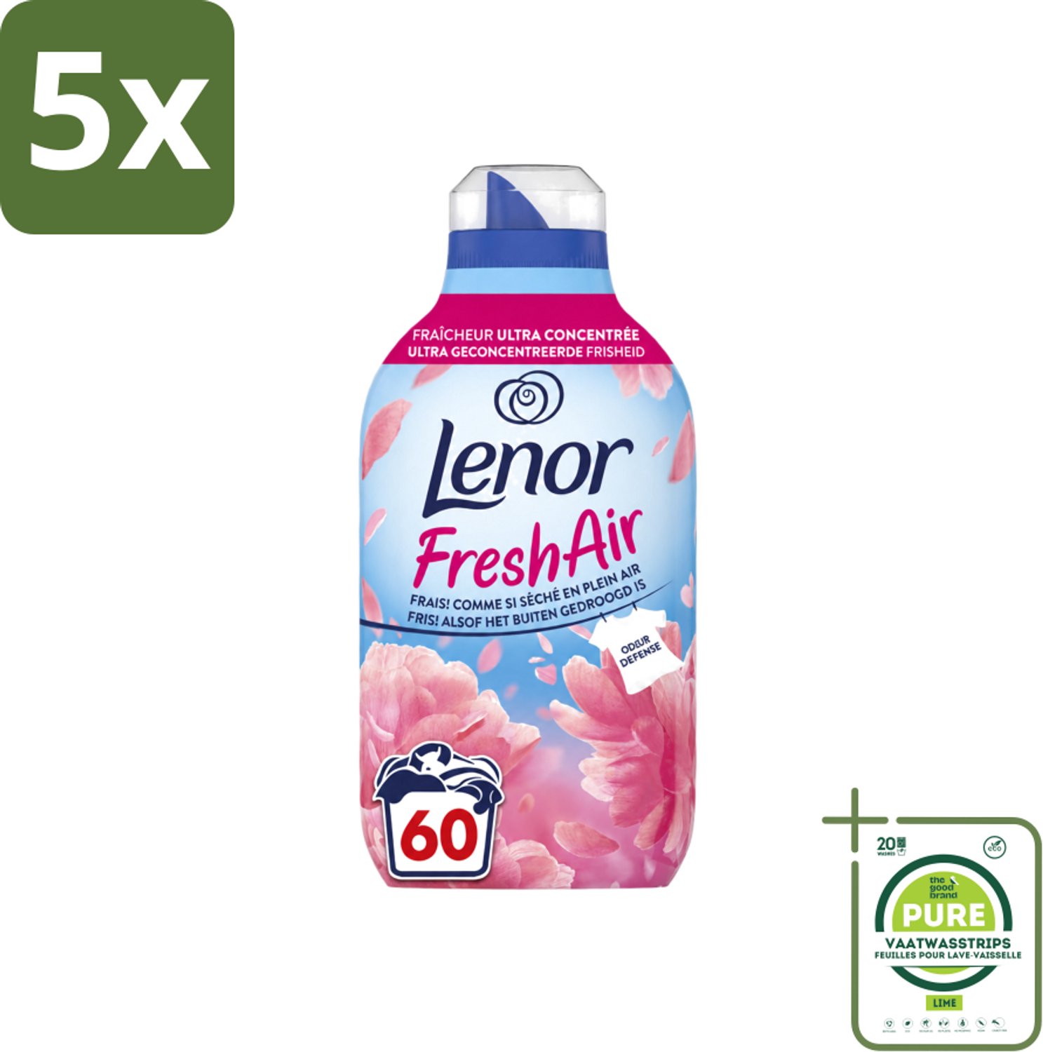 5 x Lenor – Wasverzachter – Bloesem – 60 Wasbeurten – 840 ml - Grootverpakking - Vaatwasstrips - Wasverzachter - Buitenluchtfrisheid - Bloesemgeur - Wasgoed - Geur