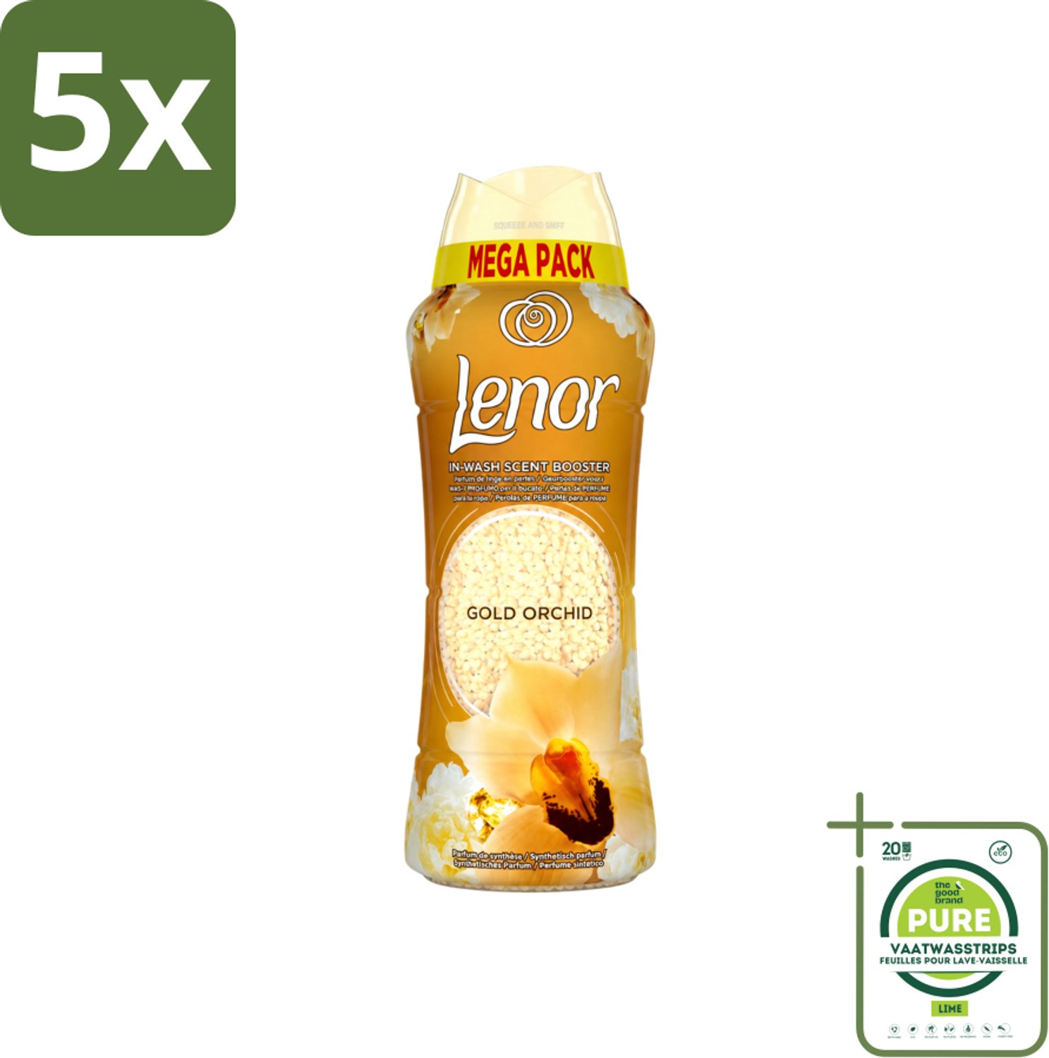 5 x Lenor – Geurparels – Gouden Orchidee – 570 g - Grootverpakking - Vaatwasstrips - Geurparel - Wasgeur - Orchidee - Vanille - Wasgeurparfum