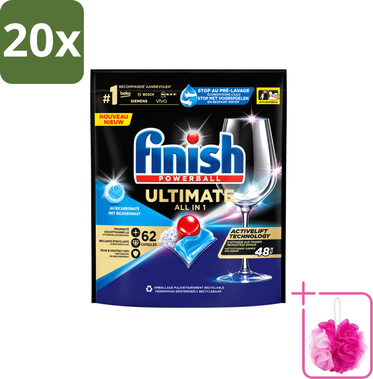 20 x Finish Powerball - Ultimate All in One - Vaatwastabletten - Met Bicarbonaat - 62 Capsules - Bulkverpakking - Vaatwasmiddel - Douchemop - Vaatwascapsules