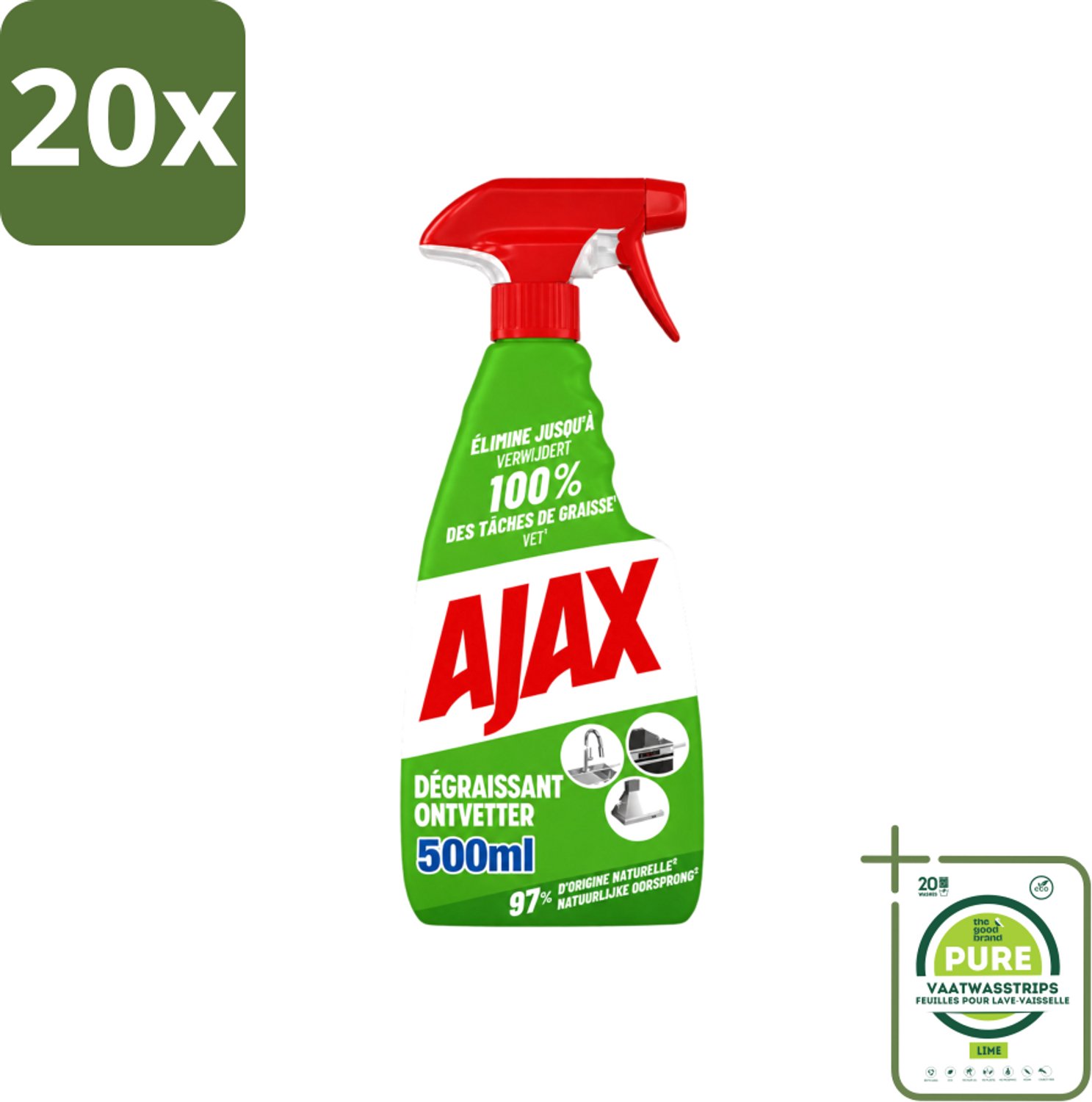 20 x Ajax – Ontvetter Spray – 500 ml - Grootverpakking - Vaatwasstrips - Ajax Ontvetter - Ontvetter Spray 500 Ml - Vet Verwijderen - Keukenreiniger - Krachtige Ontvetter