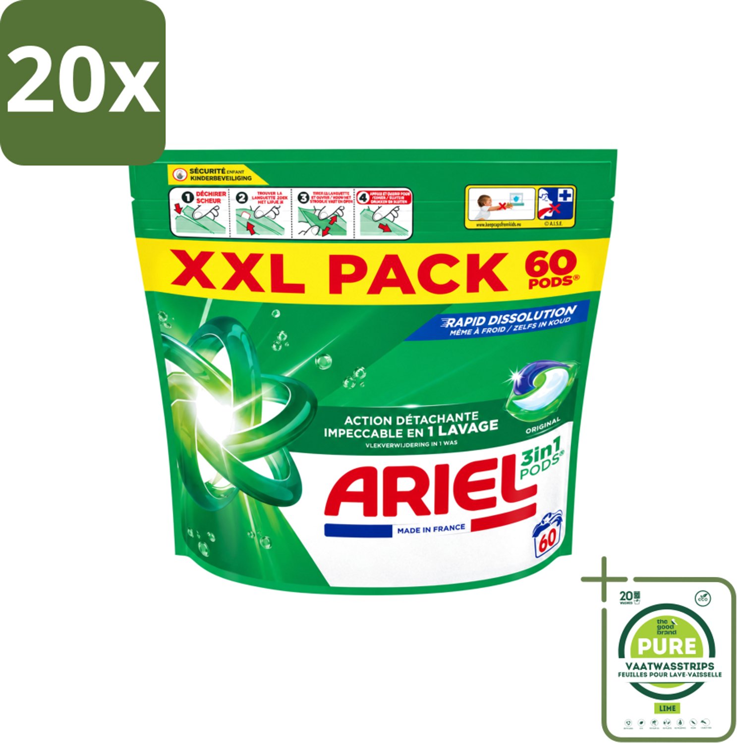 20 x Ariel – Pods 3in1 – Original – 60 wasbeurten - Grootverpakking - Vaatwasstrips - Ariel 3in1 Pods - Wasmiddel Capsules - Krachtige Vlekverwijdering - Koud Wassen - Wasmiddel Voor Kleding