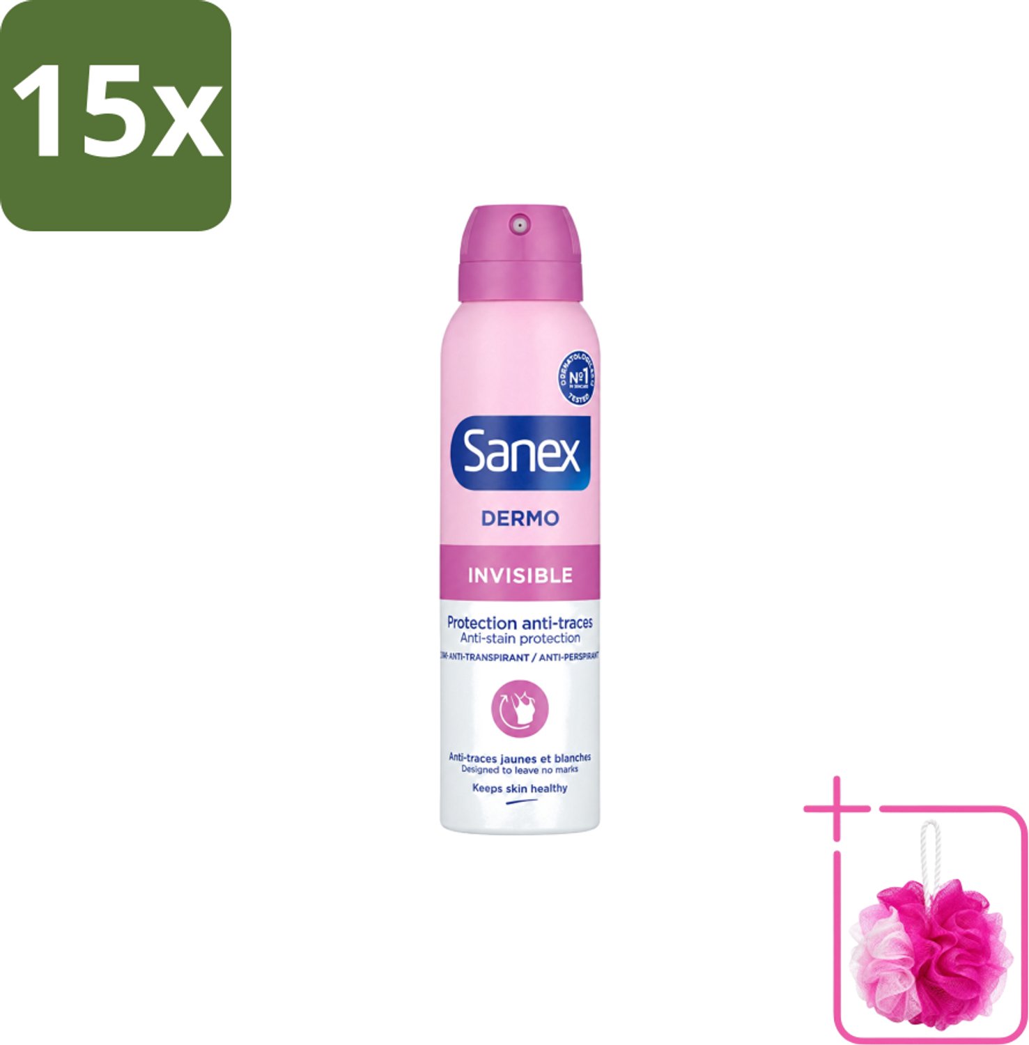15 x Sanex – Deodorant Spray – Dermo Invisible – 150 ml - Bulkverpakking - Onzezichtbare deodorant - Douchemop - Deodorant spray