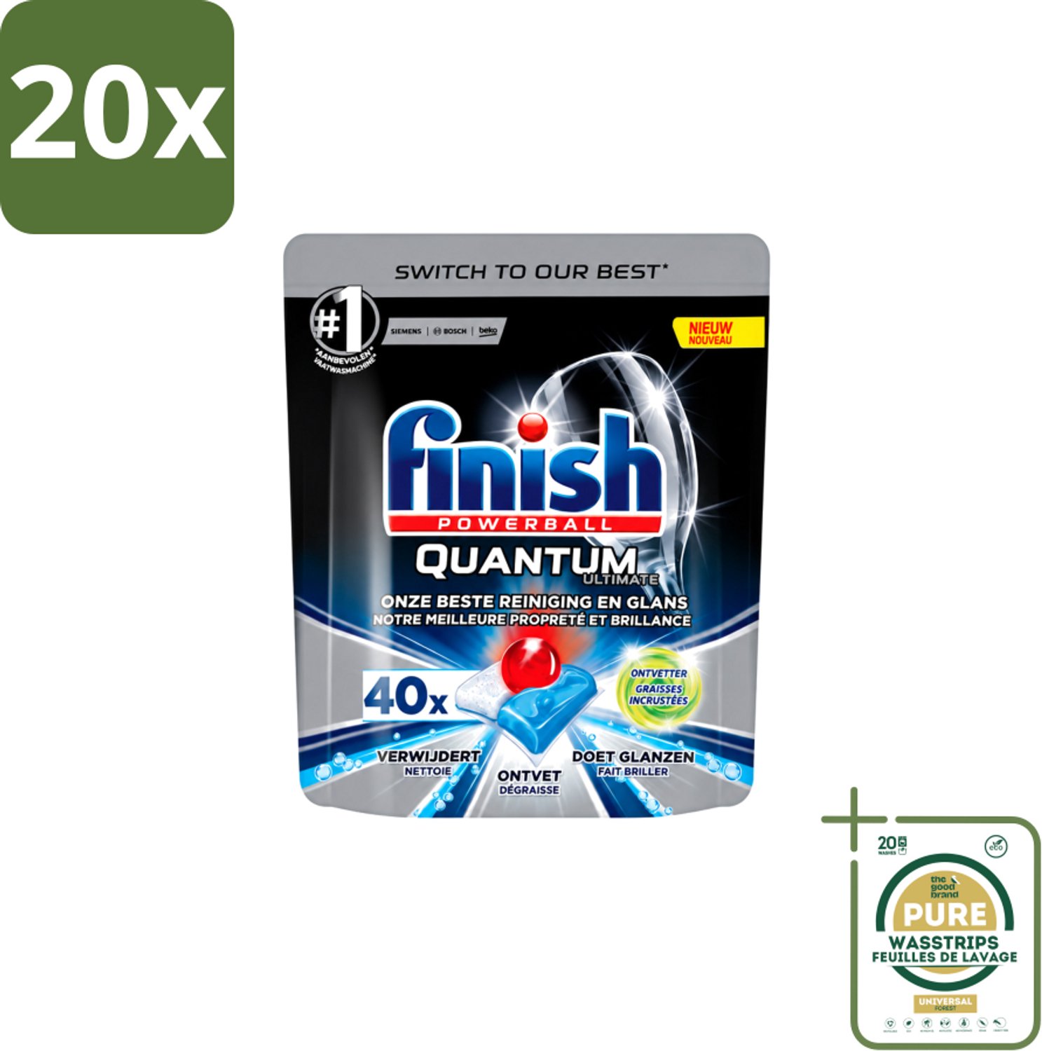 20 x Finish Powerball - Quantum Ultimate - Vaatwastabletten - Ontvetter - 40 Tabletten - Wasstrips - Vaatwasmiddel - Vaatwastablet - Ontvetter - Vaatwasser - Vetverwijdering