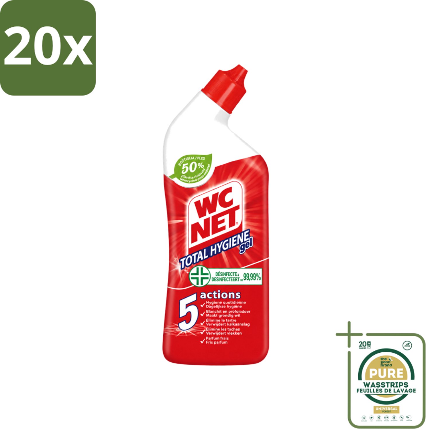 20 x WC Net - Toiletreiniger - Gel - Ontkalkt En Verwijdert Vlekken - 750 ml - Wasstrips - WC Net - Toilet Reinigen - Kalk Verwijderen - Toilet Reinigingsgel - Toilet Hygiëne