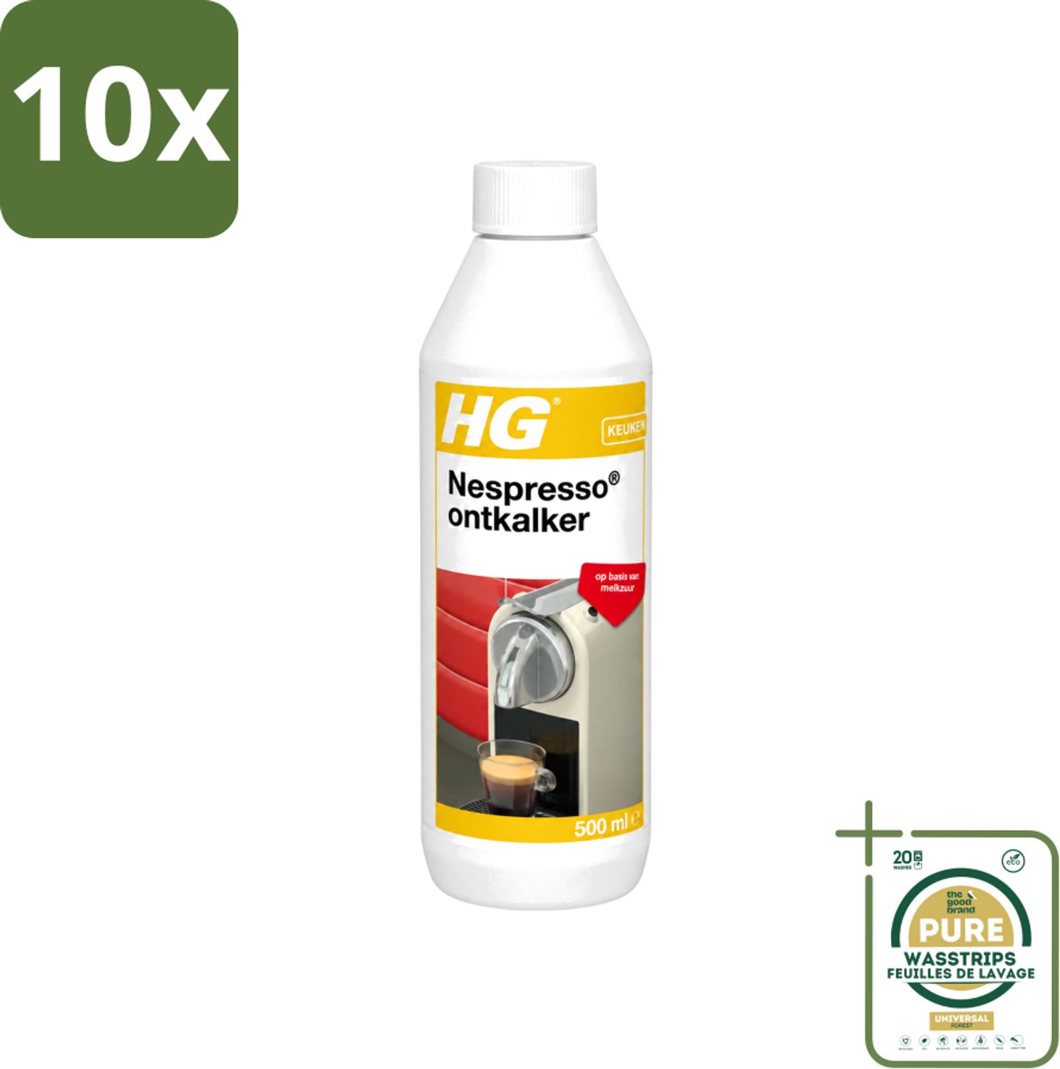 10 x HG - Nespresso Ontkalker - Op Basis Van Melkzuur - 4 tot 5 Reinigingsbeurten - 500 ml - Wasstrips - Ontkalken Nespresso Machine - Ontkalkmiddel - Melkzuur Ontkalker - Kalkvoorkomend - Biologisch Afbreekbaar