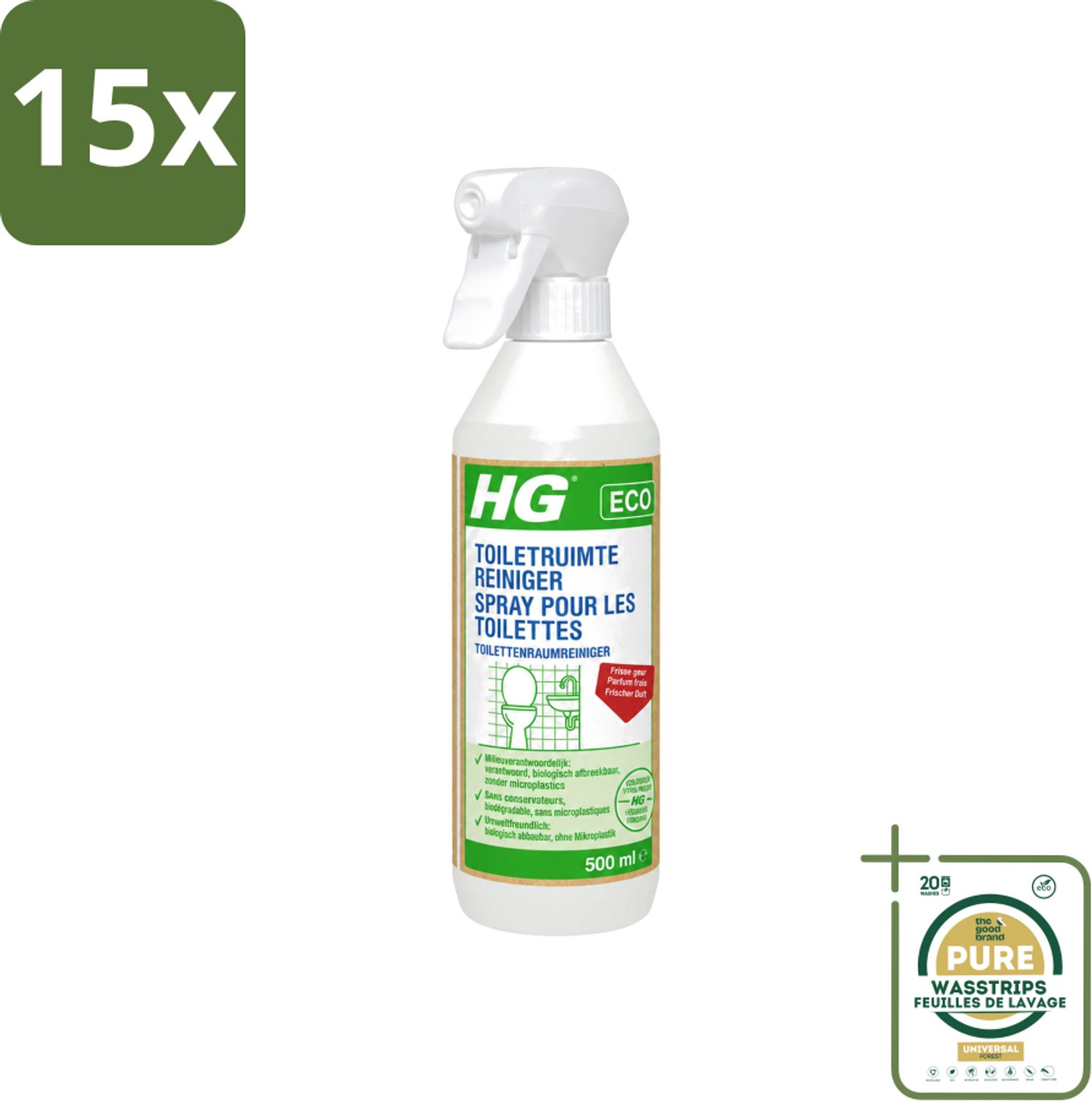 15 x HG ECO - Toiletruimte Reiniger - Frisse Geur - Ecologisch Verantwoord - 500 ml - Wasstrips - Toiletruimtereiniger - Hygiëne - Reinigen - Toilet - Schone Ruimte