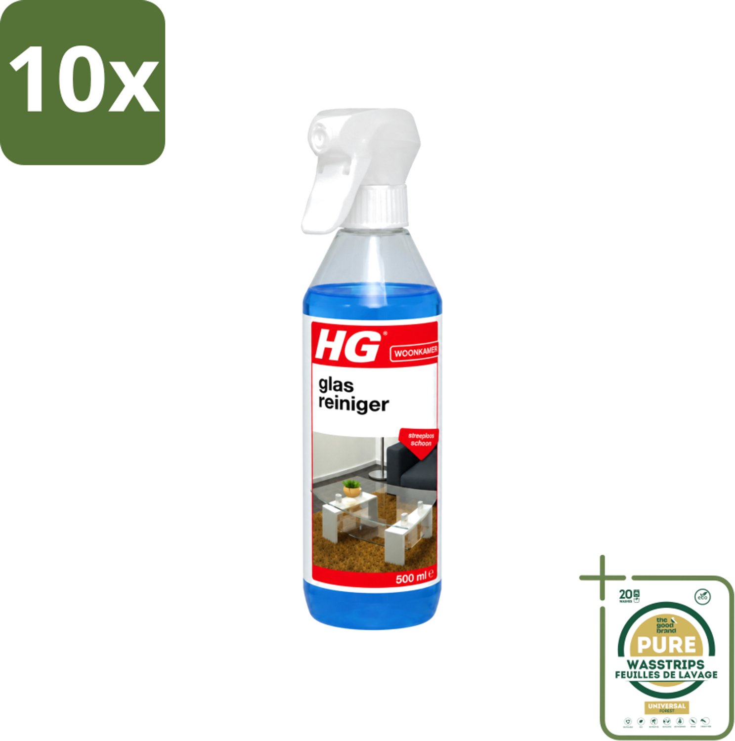 10 x HG - Glasreiniger Spray - Streeploos Schoon - Ontvet & Droogt Snel - 500 ml - Wasstrips - Glas Reinigen - Streeploos Schoonmaken - Glazen Reiniger - Spiegel Reinigen - Vet Verwijderen