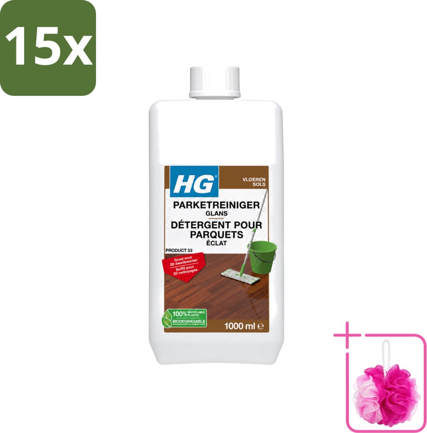 15 x HG - Vloeren - Parketreiniger Glans - 20 Dweilbeurten - 1L - Bulkverpakking - Parket reinigen - Douchemop - Parket glans herstellen