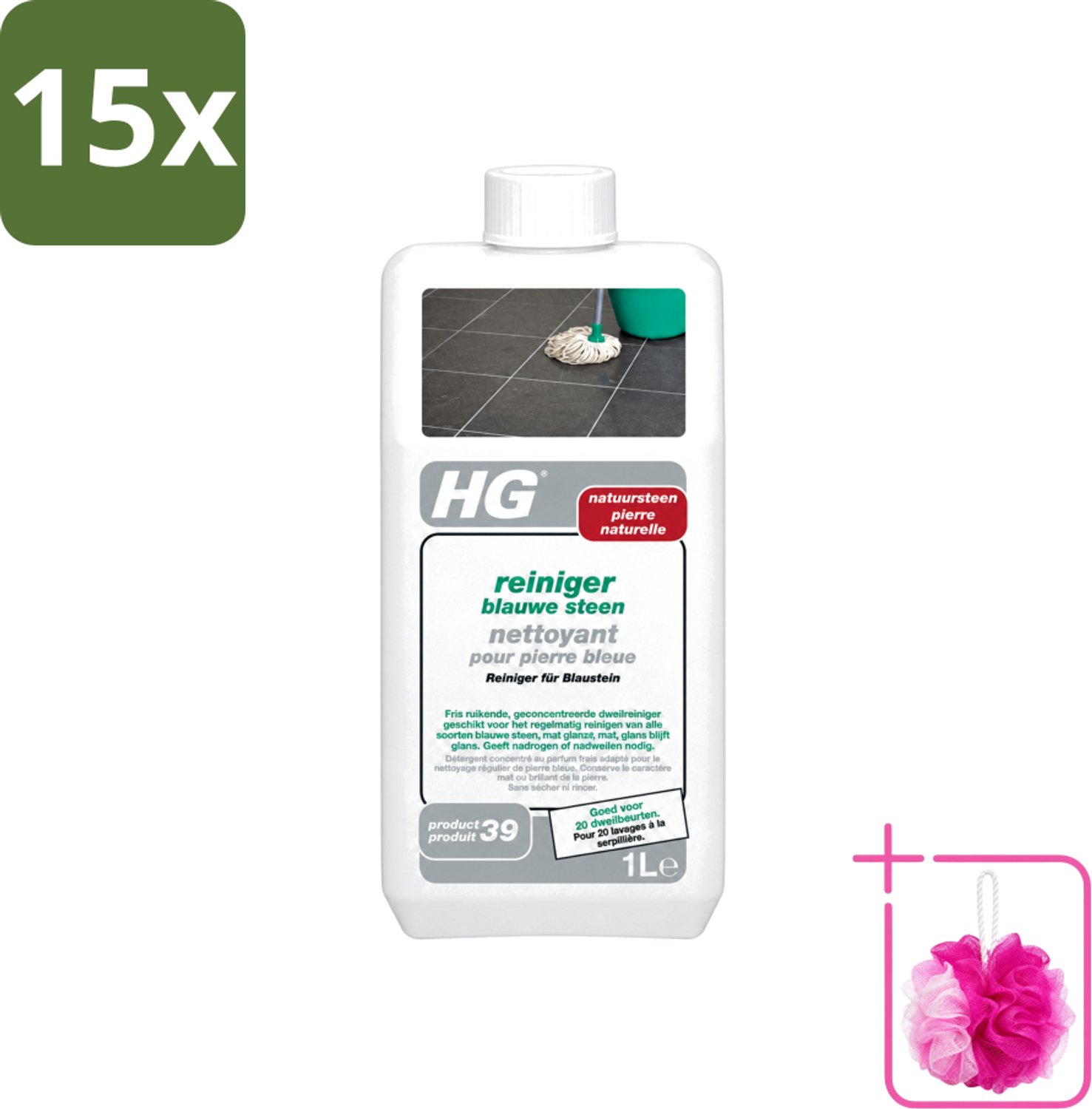 15 x HG - Blauwe Steen Reiniger - Reinigt Veilig & Streeploos - 20 Dweilbeurten - 1L - Bulkverpakking - Blauwe steen reinigen - Douchemop - Natuursteen reinigen