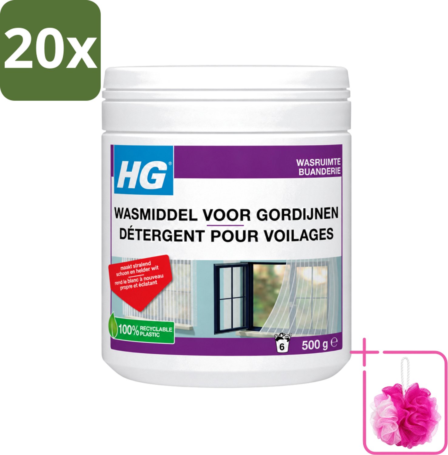 20 x HG - Wasruimte - Wasmiddel Voor Gordijnen - 500 g - Bulkverpakking - Wasmiddel vitrage - Douchemop - Reinigen vitrage