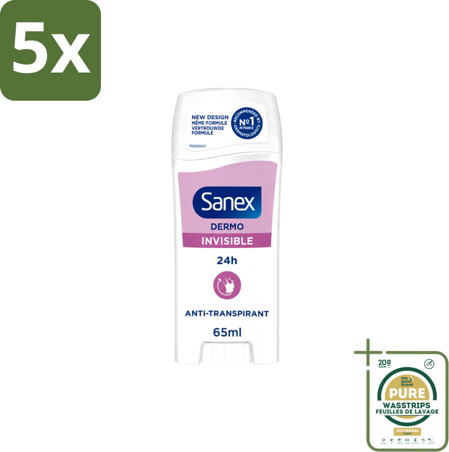 5 x Sanex – Deodorant Stick – Dermo Invisible – 65 ml - Wasstrips - Onzezichtbare Deodorantstick - Deodorantstick - Onzichtbare Deodorant - Huidvriendelijke Deodorant - Frisheid