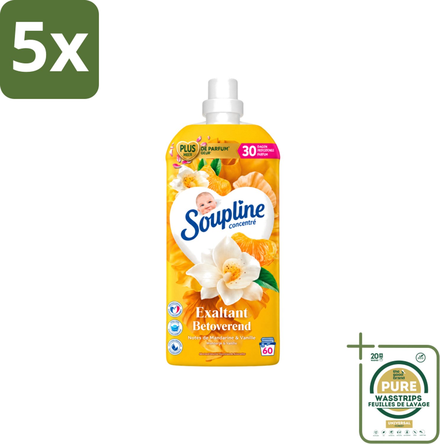 5 x Soupline – Wasverzachter – Betoverend Mandarijn & Vanille – 1,28 L - Wasstrips - Wasverzachter - Wasverzachter Mandarijn En Vanille - Wasverzachter Betoverend - Wasverzachter Voor Kleding - Wasverzachter Voor Was