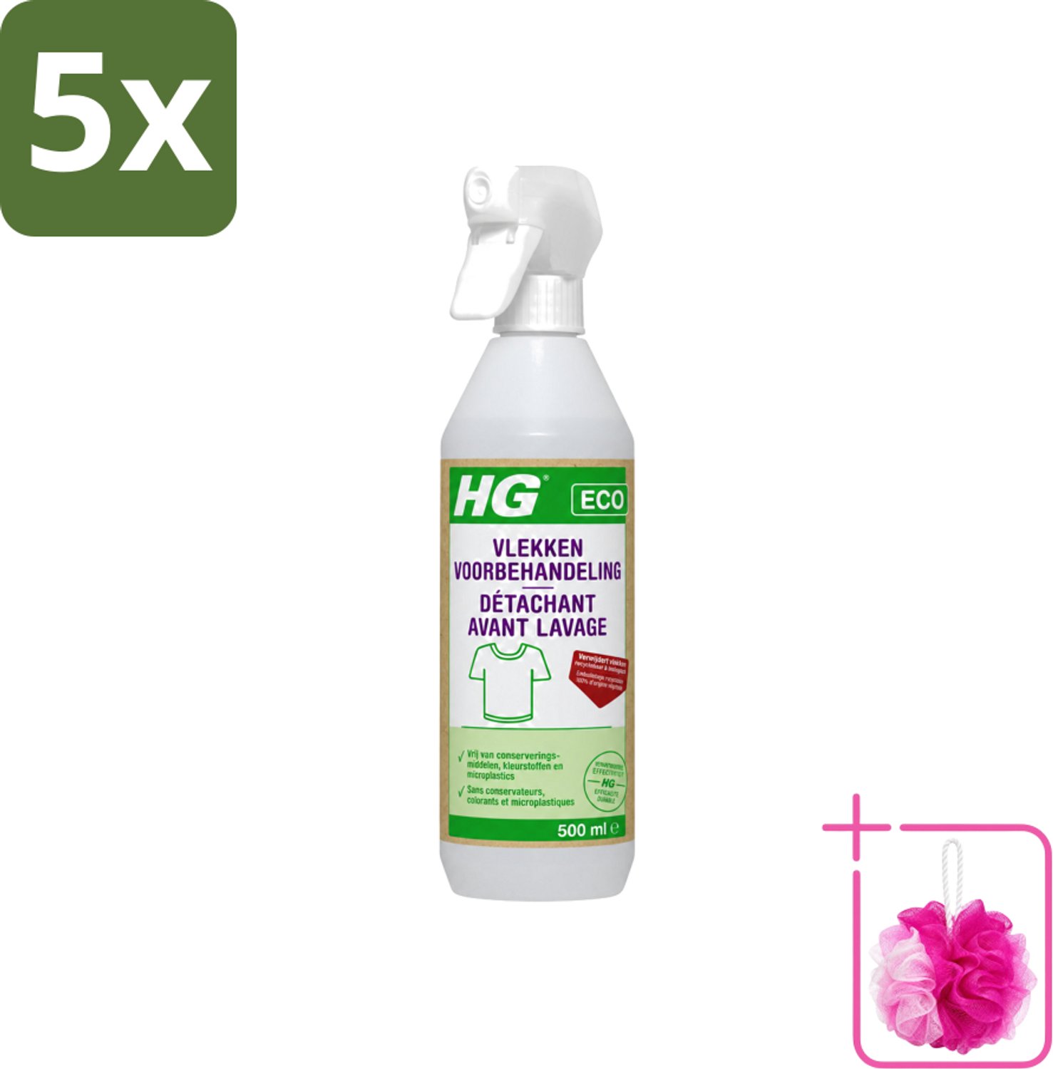 5 x HG ECO - Vlekken Voorbehandeling - Duurzame Vlekkenverwijderaar - 500 ml - Bulkverpakking - Vlekken voorbehandeling - Douchemop - Eco vlekken behandeling