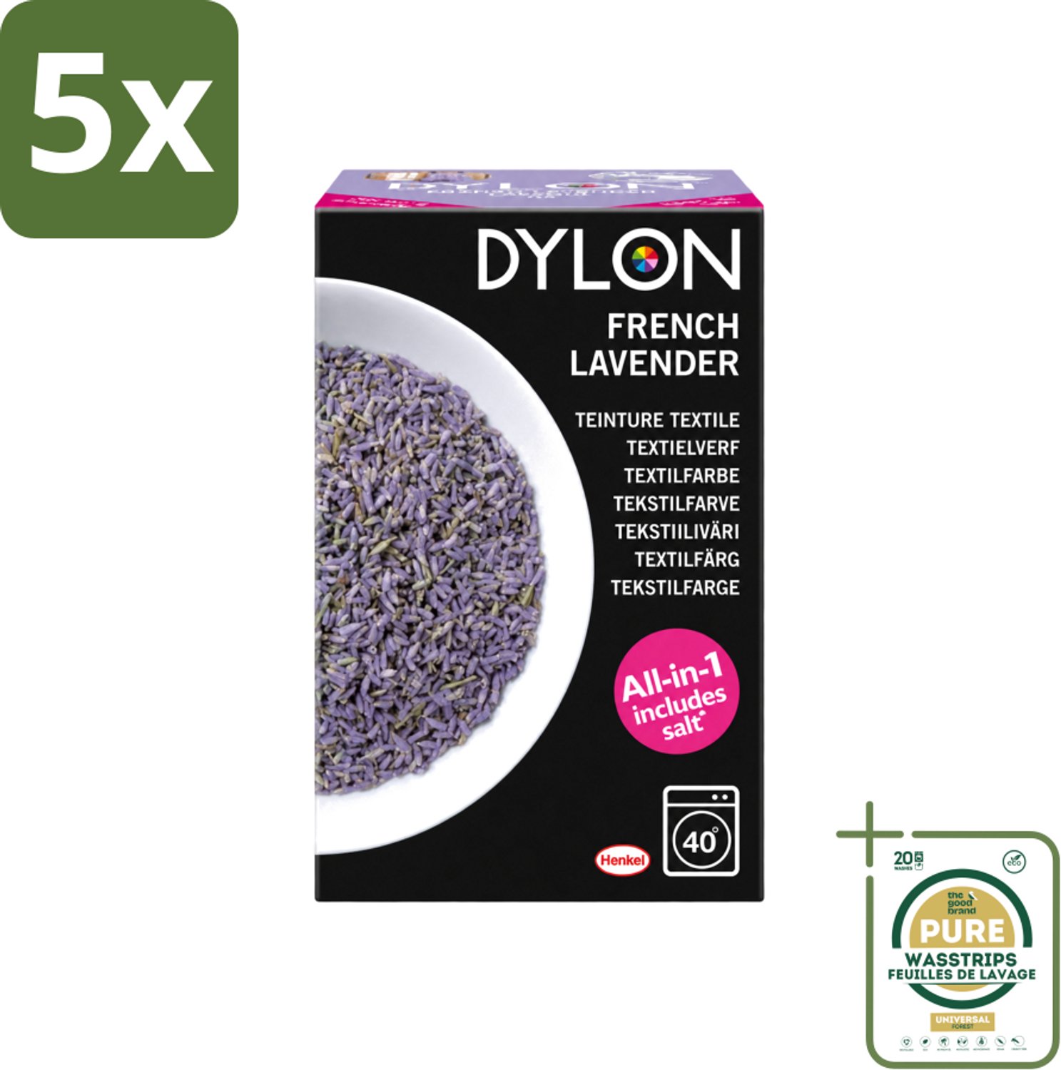 5 x Dylon - Textielverf - French Lavender - All-in-One - Inclusief Zout - 350g - Wasstrips - Textielverf - Lavendelkleur - French Lavender - Zout - Stofverf