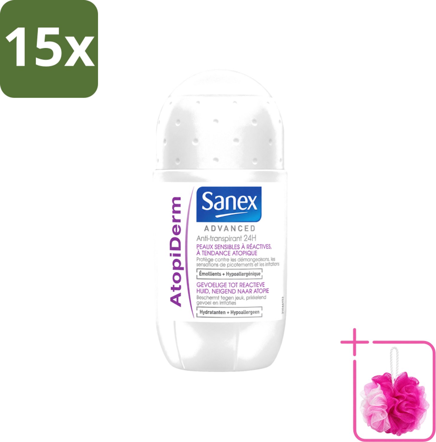 15 x Sanex Advanced - Gevoelig - Deodorant Roller - 24h Anti-Transpirant - Geavanceerd Atopiderm - 50 ml - Bulkverpakking - Gevoelige huid - Douchemop - Gevoelig deodorant