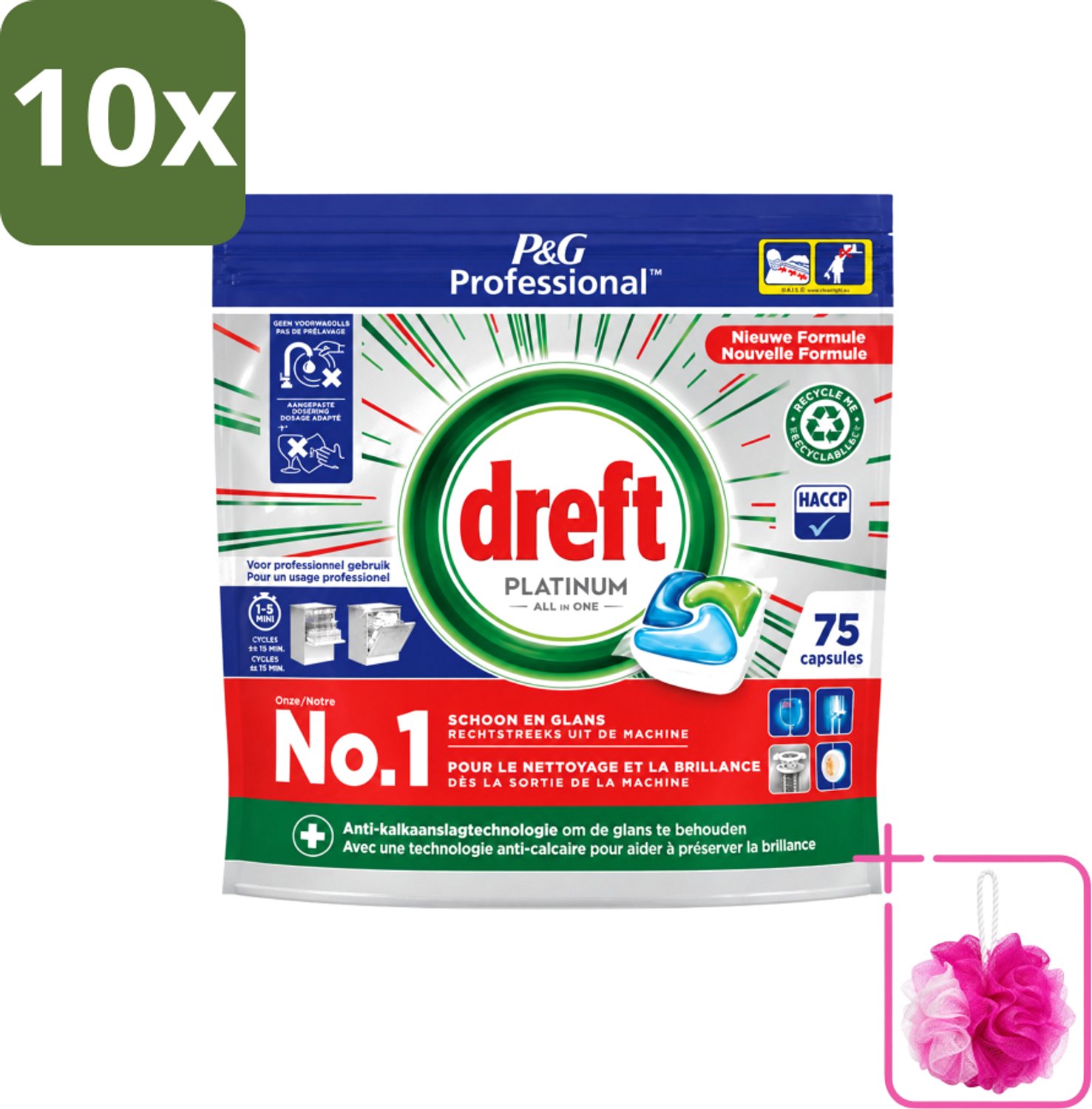 10 x Dreft Professional - Platinum - All In One - Vaatwascapsules - 75 Afwasbeurten - Bulkverpakking - Vaatwassen - Douchemop - Vaatwasser reinigen