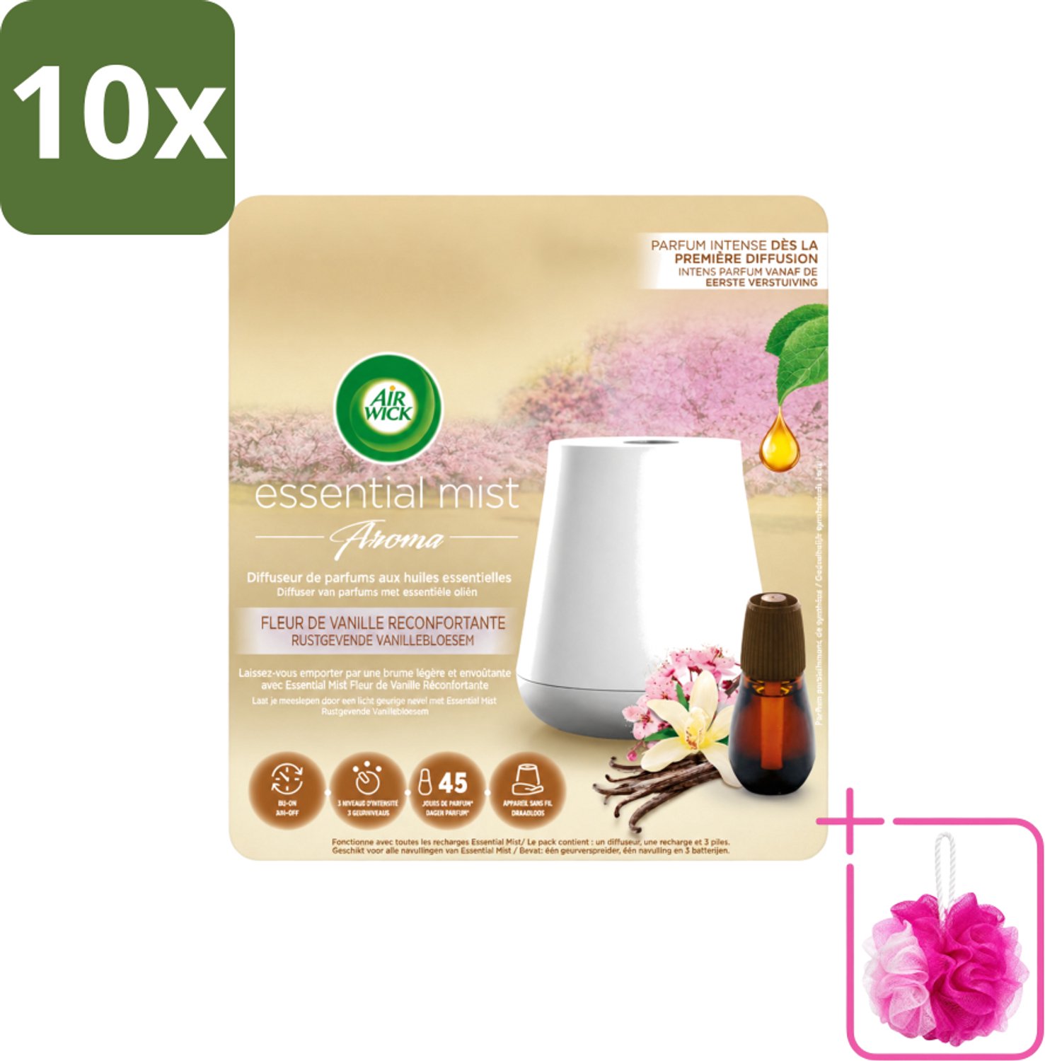 10 x Air Wick Essential Mist - Elektrische Geurverspreider - Starterkit - Rustgevende Vanillebloesem - 20ml - Bulkverpakking - Geurverspreider - Douchemop - Vanillebloesem