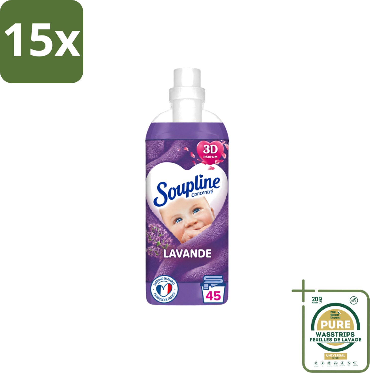 15 x Soupline - Wasverzachter - Lavendel - 45 Wasbeurten - 1L - Wasstrips - Wasverzachter - Wasgoed Verzorgen - Wasresultaat - Wasmachine - Wasverzachter Lentebloesem