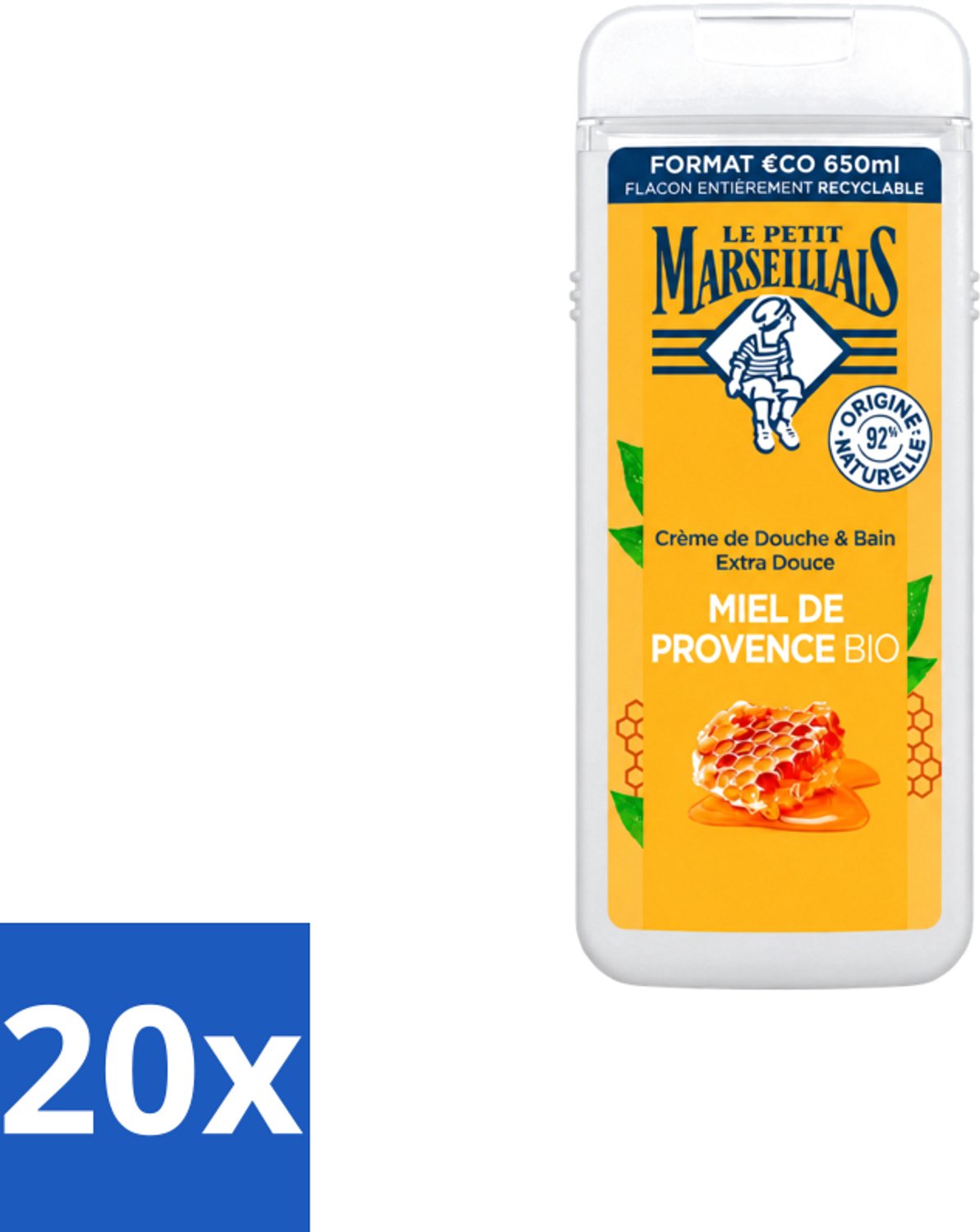 20 x Le Petit Marseillais – Douche & Bad – Honing – 650 ml - Voordeelverpakking - 20 stuks