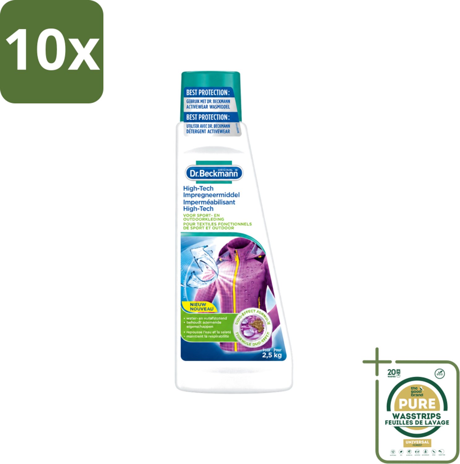 10 x Dr. Beckmann - High Tech Impregneermiddel - Sport- & Outdoorkleding - Witte en Gekleurde Was - 2.5 KG - Wasstrips - Sportkleding Beschermen - Waterafstotend Middel - Vuilafstotend Middel - Impregneermiddel Sportkleding - Kleding Beschermen