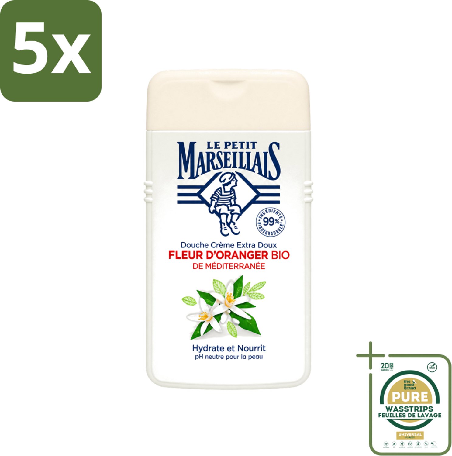 5 x Le Petit Marseillais - Douchecrème - Oranjebloesem - Hydraterend - 250ml - Wasstrips - Douchecrème - Hydraterende Douchecrème - Oranjebloesem - Huidverzorging - Milieuvriendelijke Douchecrème