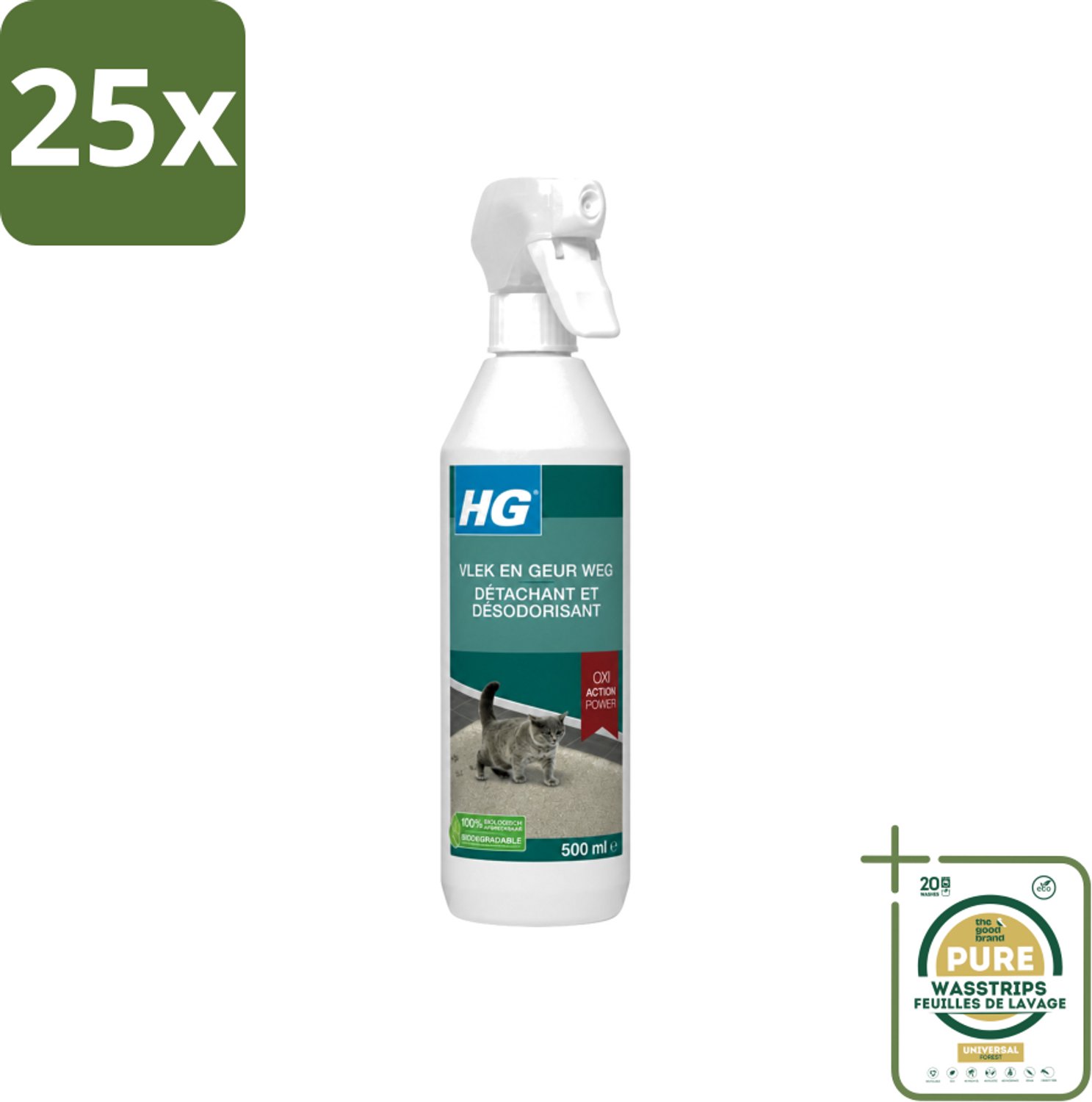 25 x HG - Vlek & Geur Weg - Tegen Kattengeuren- Oxi Action Power - 100% Biologisch - 500 ml - Wasstrips - Vlek Verwijderen - Geur Weg - Katten Vlek - Katten Geur - Tapijt Reinigen