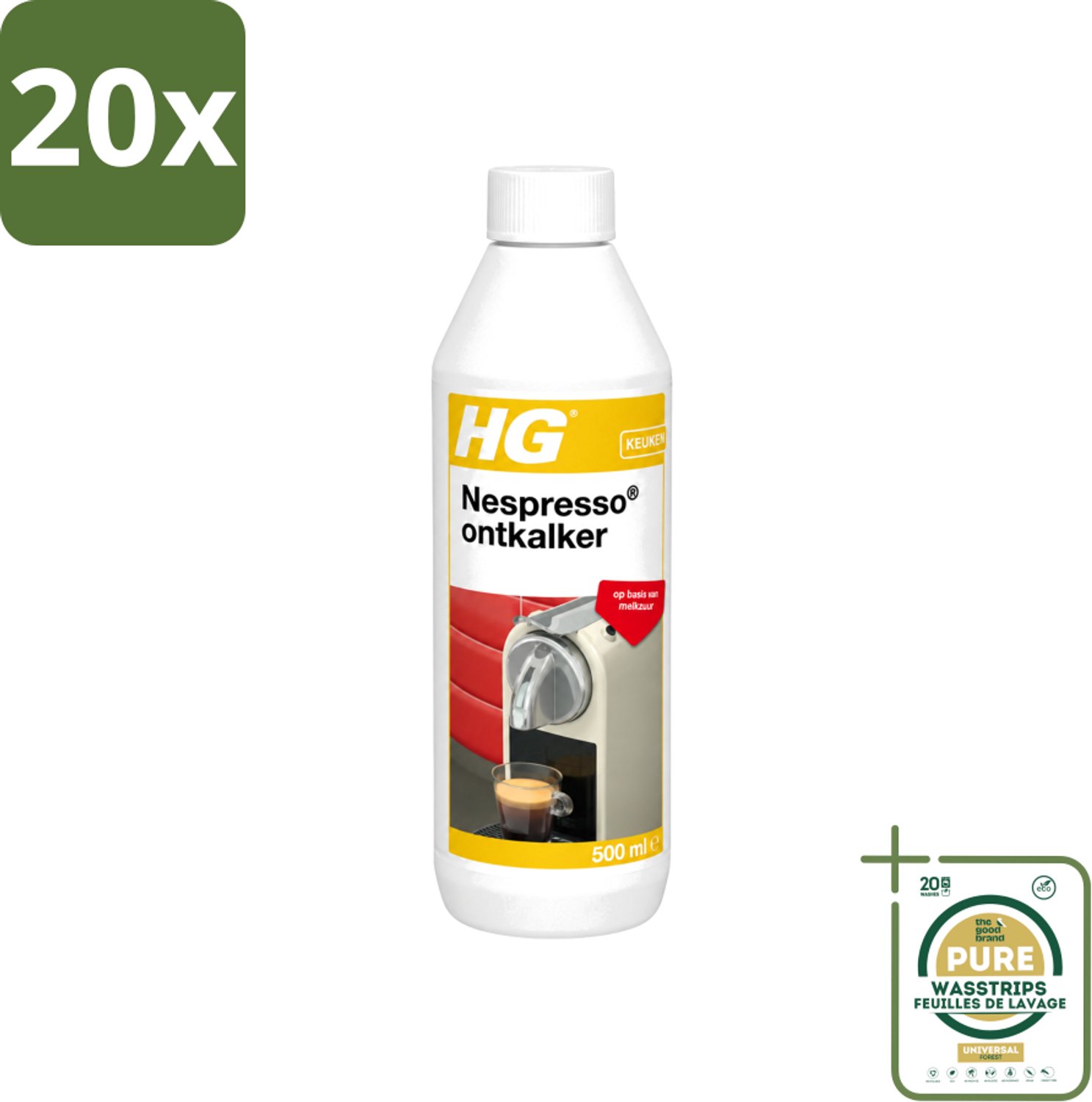 20 x HG - Nespresso Ontkalker - Op Basis Van Melkzuur - 4 tot 5 Reinigingsbeurten - 500 ml - Wasstrips - Ontkalken Nespresso Machine - Ontkalkmiddel - Melkzuur Ontkalker - Kalkvoorkomend - Biologisch Afbreekbaar