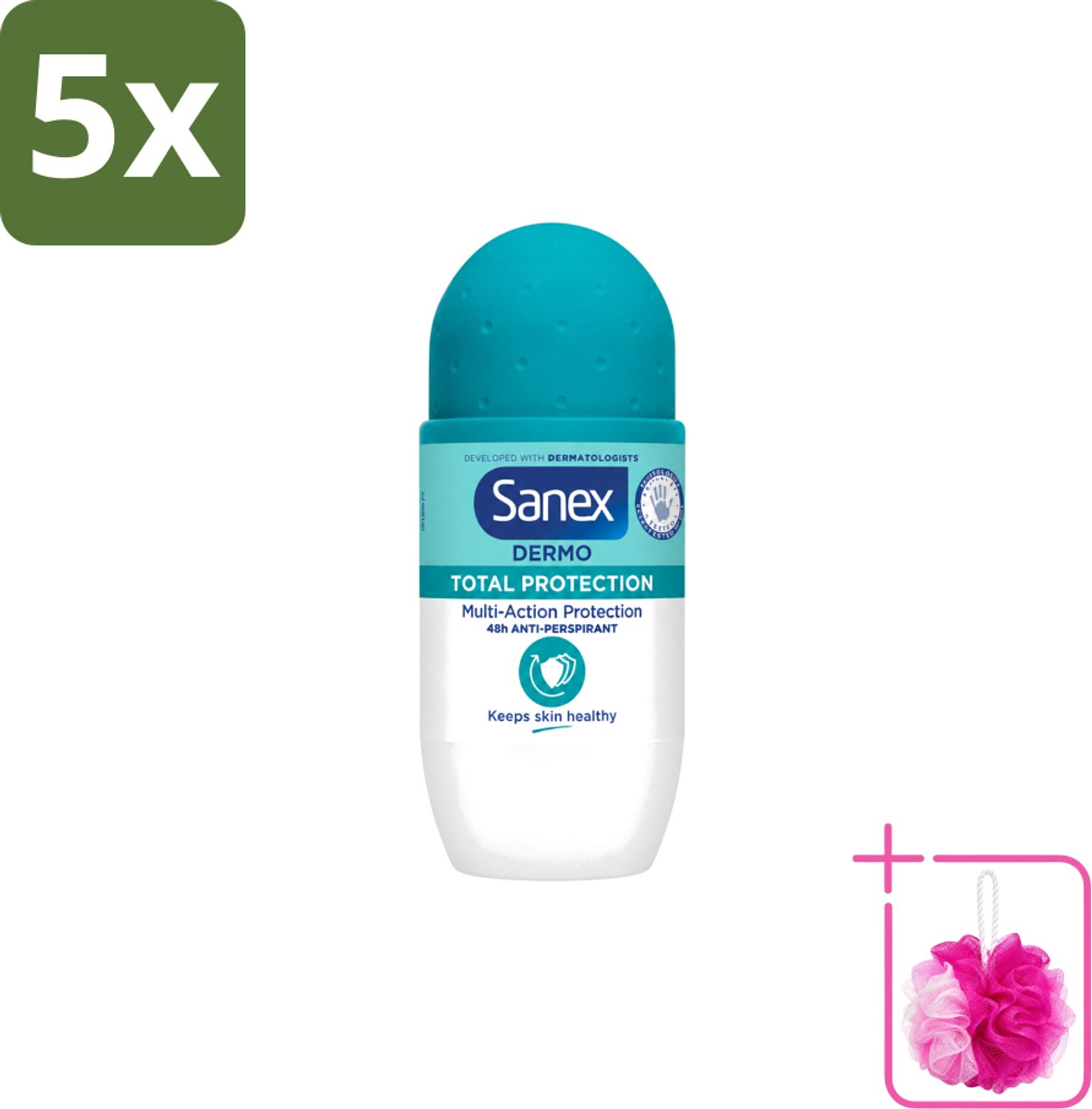 5 x Sanex – Deodorant Roll-On – Dermo Total Protection – 50 ml - Bulkverpakking - Douche - Douchemop - Deodorant roll-on