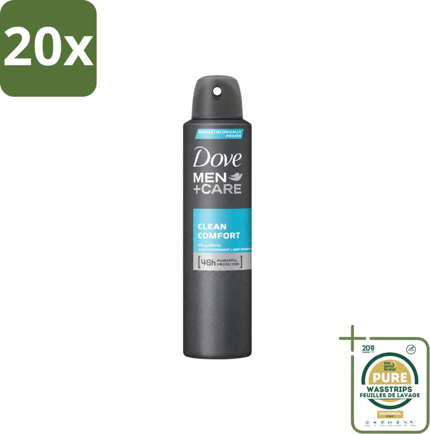 20 x Dove Men+Care – Deodorant Spray – Clean Comfort – 200 ml - Wasstrips - Anti-transpirant Spray - Okselgeur - Frisse Geur - Schone Geur - Okselverzorging