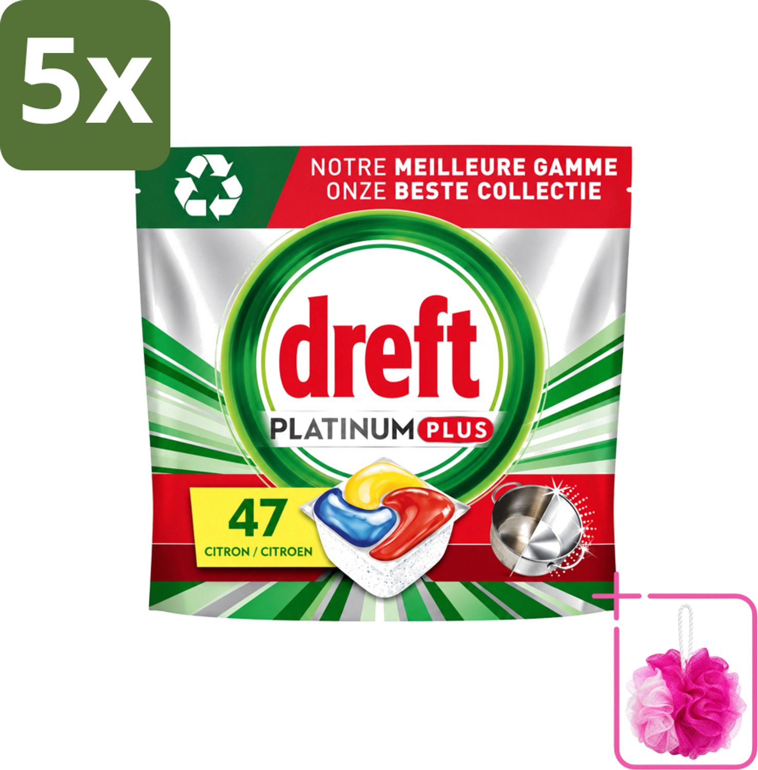 5 x Dreft Platinum Plus - All In One - Vaatwascapsules - Anti-Matt Technologie - Citroen - 47 Afwasbeurten - Bulkverpakking - Vaatwasmiddel - Douchemop - Vaatwascapsule