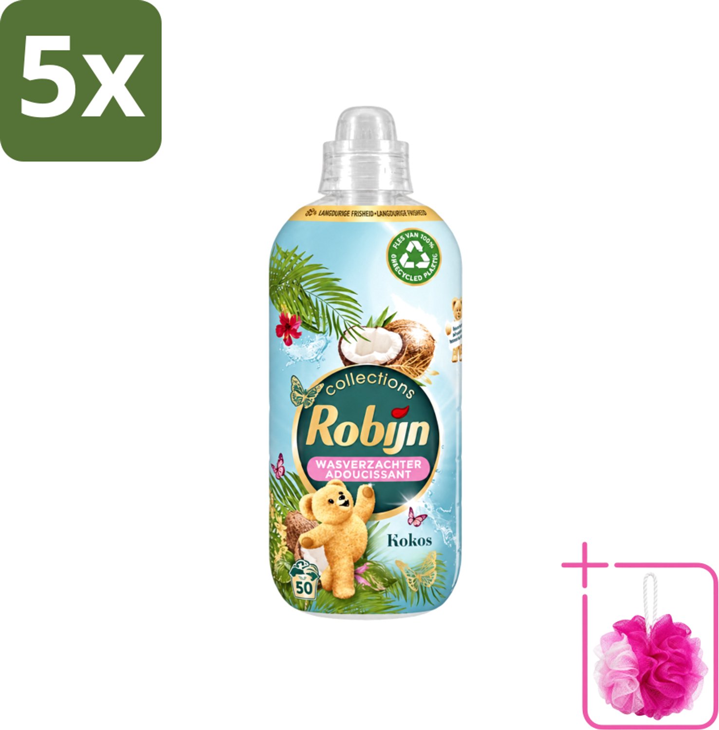 5 x Robijn Collections - Wasverzachter - Kokos - 1,25L - 50 Wasbeurten - Bulkverpakking - Wasverzachter kokos - Douchemop - Wasverzachter voor kleding