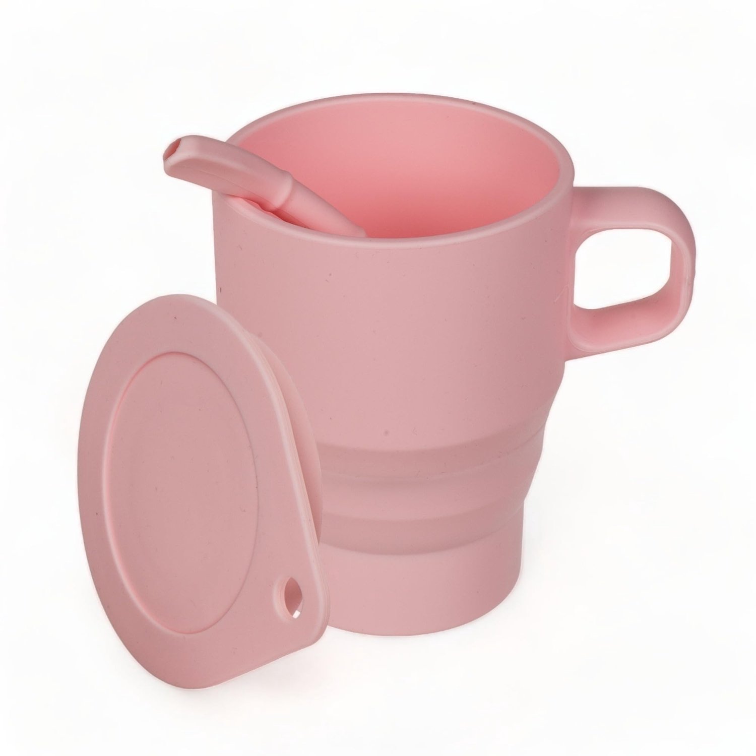 Opvouwbare Silicone Reis Mok met Deksel en Rietje, 150-280ml, Roze